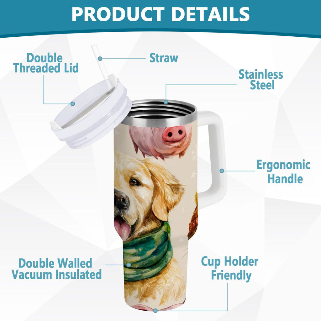 30 oz Insulated Stainless Steel Tumbler Double Wall Stainless Steel Tumbler with 2-Way Drinking Watercolor Animals Pattern FZN4