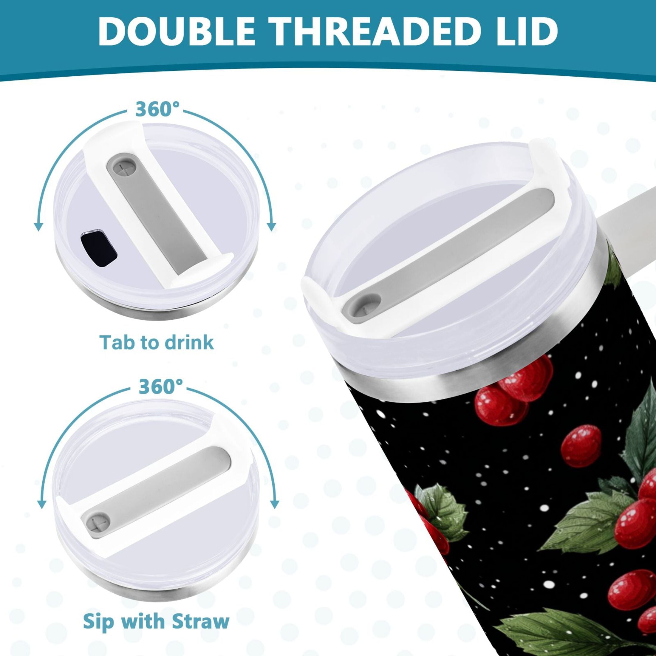 40 oz Insulated Stainless Steel Tumbler Double Wall Stainless Steel Tumbler with 2-Way Drinking Red Holly Berries Pattern UTTW