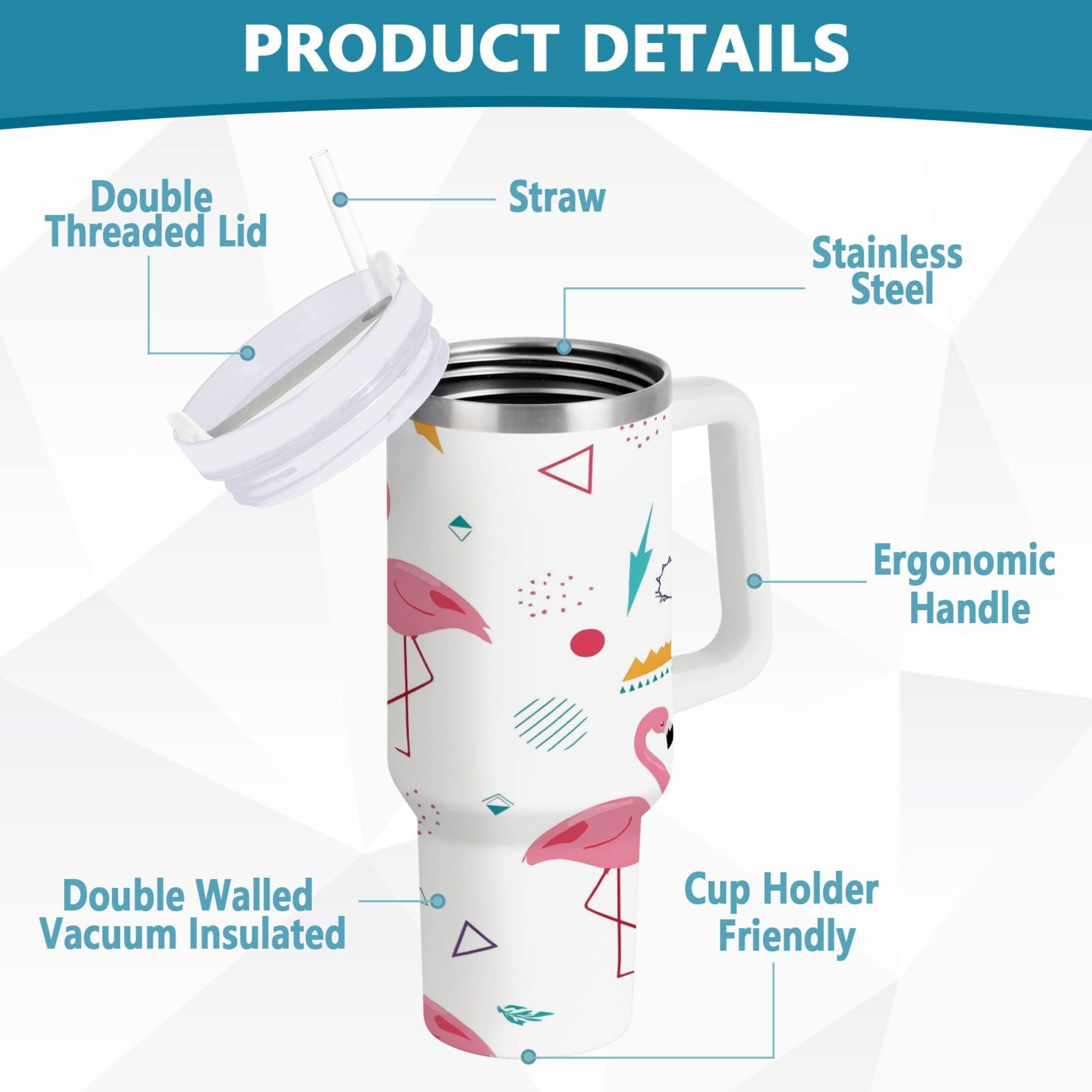 40 oz Insulated Stainless Steel Tumbler Double Wall Stainless Steel Tumbler with 2-Way Drinking Cute Flamingo Pattern Y08Q