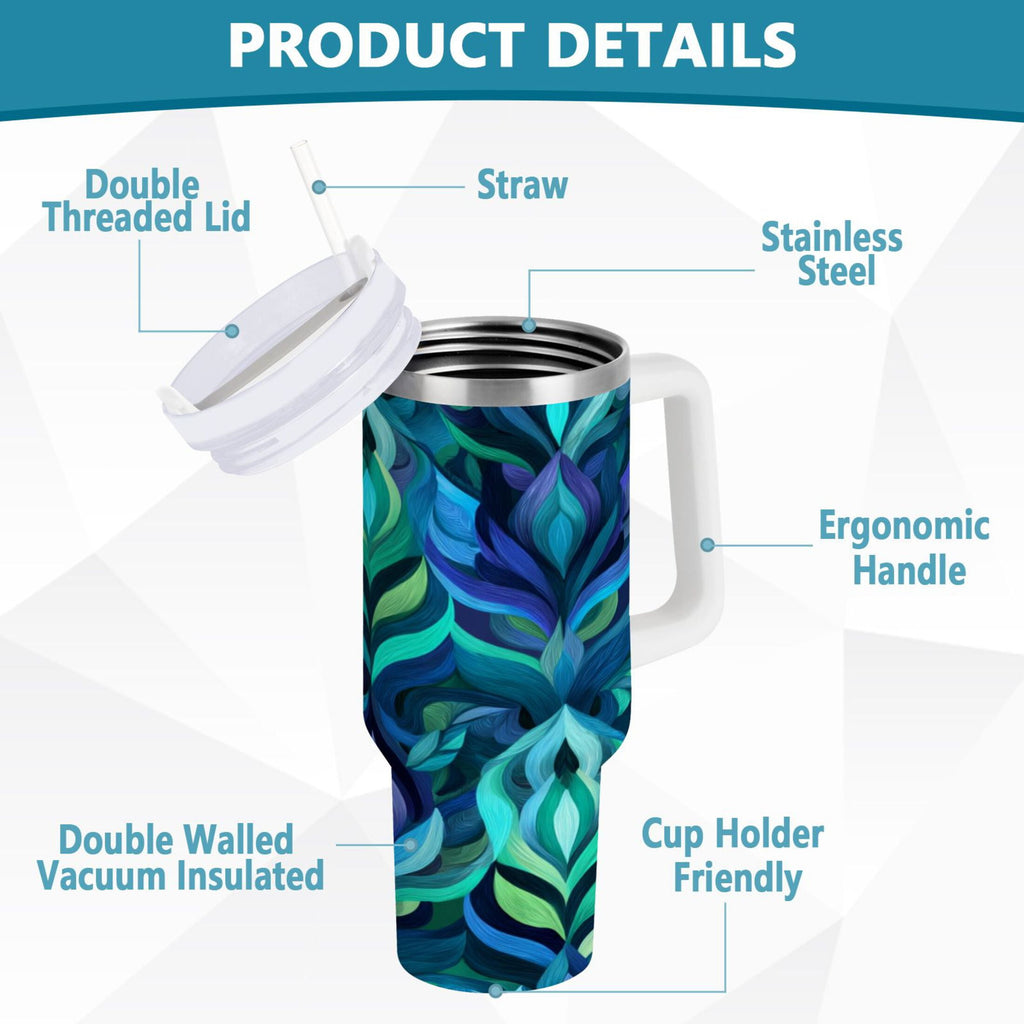 40 oz Insulated Stainless Steel Tumbler Double Wall Stainless Steel Tumbler with 2-Way Drinking Elegant Blue Abstract Shapes 8BDA