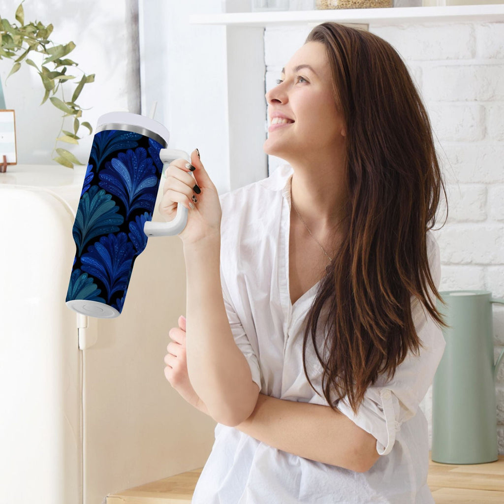 30 oz Insulated Stainless Steel Tumbler Double Wall Stainless Steel Tumbler with 2-Way Drinking Blue Batik Leaves Pattern C787