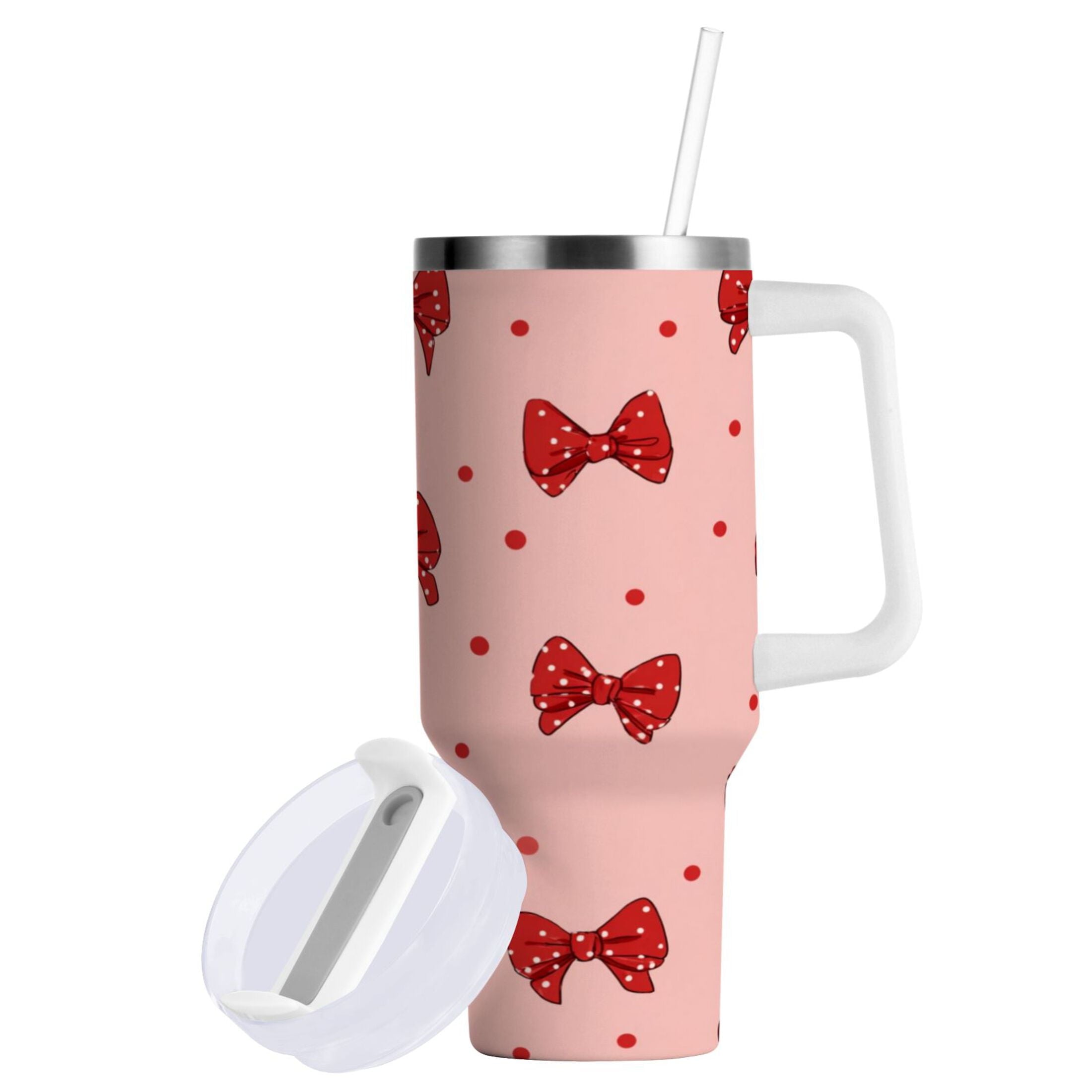 40 oz Insulated Stainless Steel Tumbler Double Wall Stainless Steel Tumbler with 2-Way Drinking Red Bows and Polka Dots YVSX