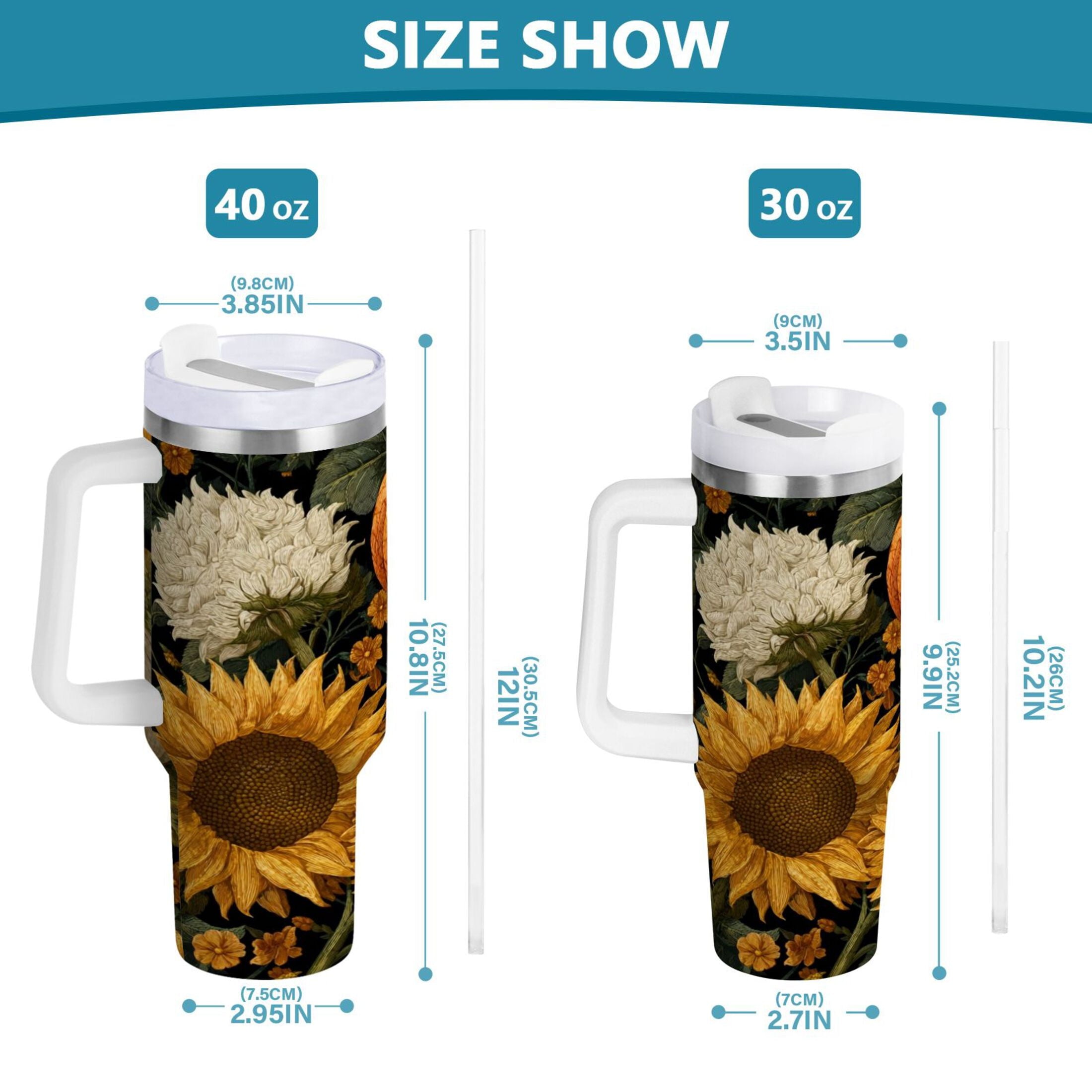 40 oz Insulated Stainless Steel Tumbler Double Wall Stainless Steel Tumbler with 2-Way Drinking Pumpkins and Sunflowers Pattern RK8B