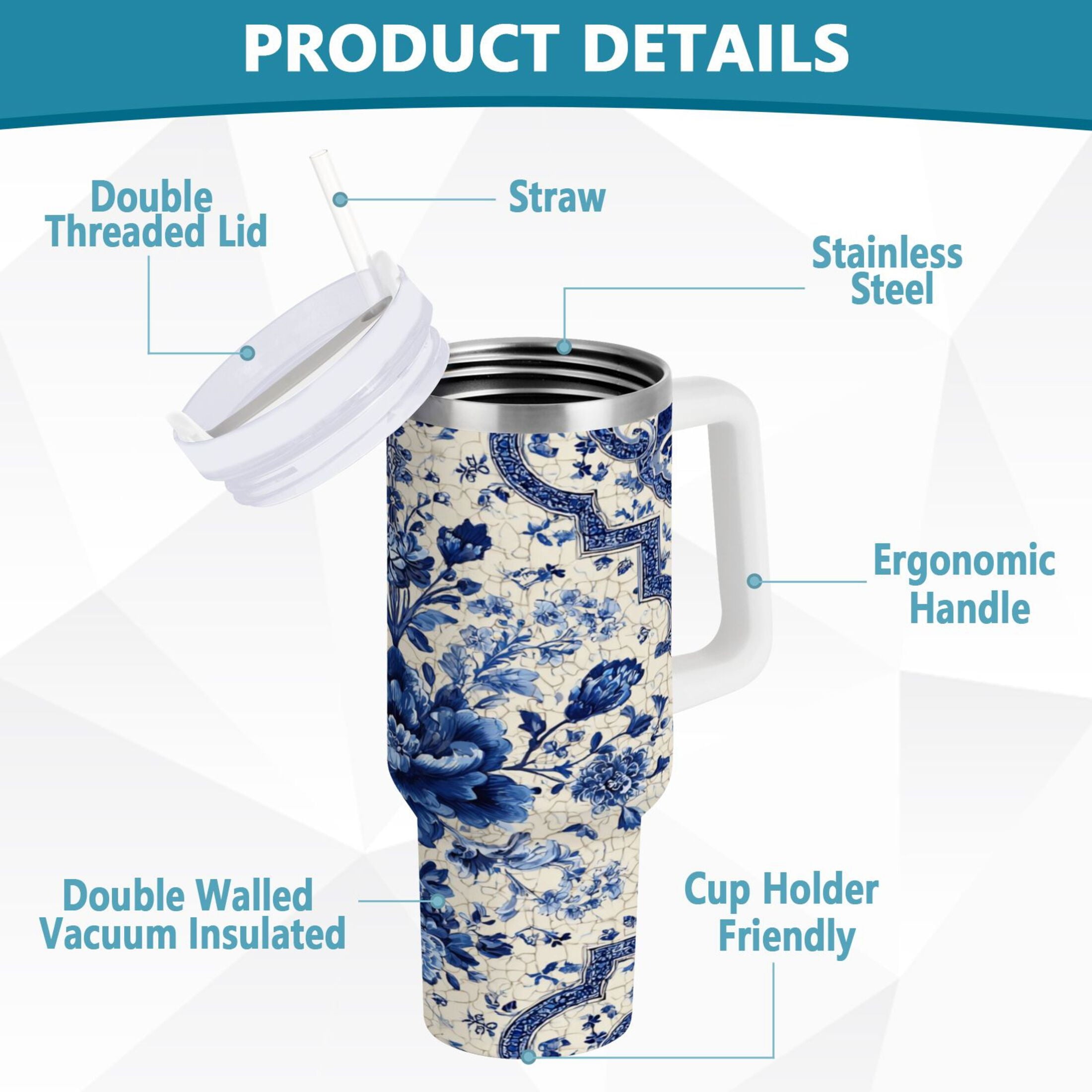 30 oz Insulated Stainless Steel Tumbler Double Wall Stainless Steel Tumbler with 2-Way Drinking Blue and White Porcelain-style YG7Z