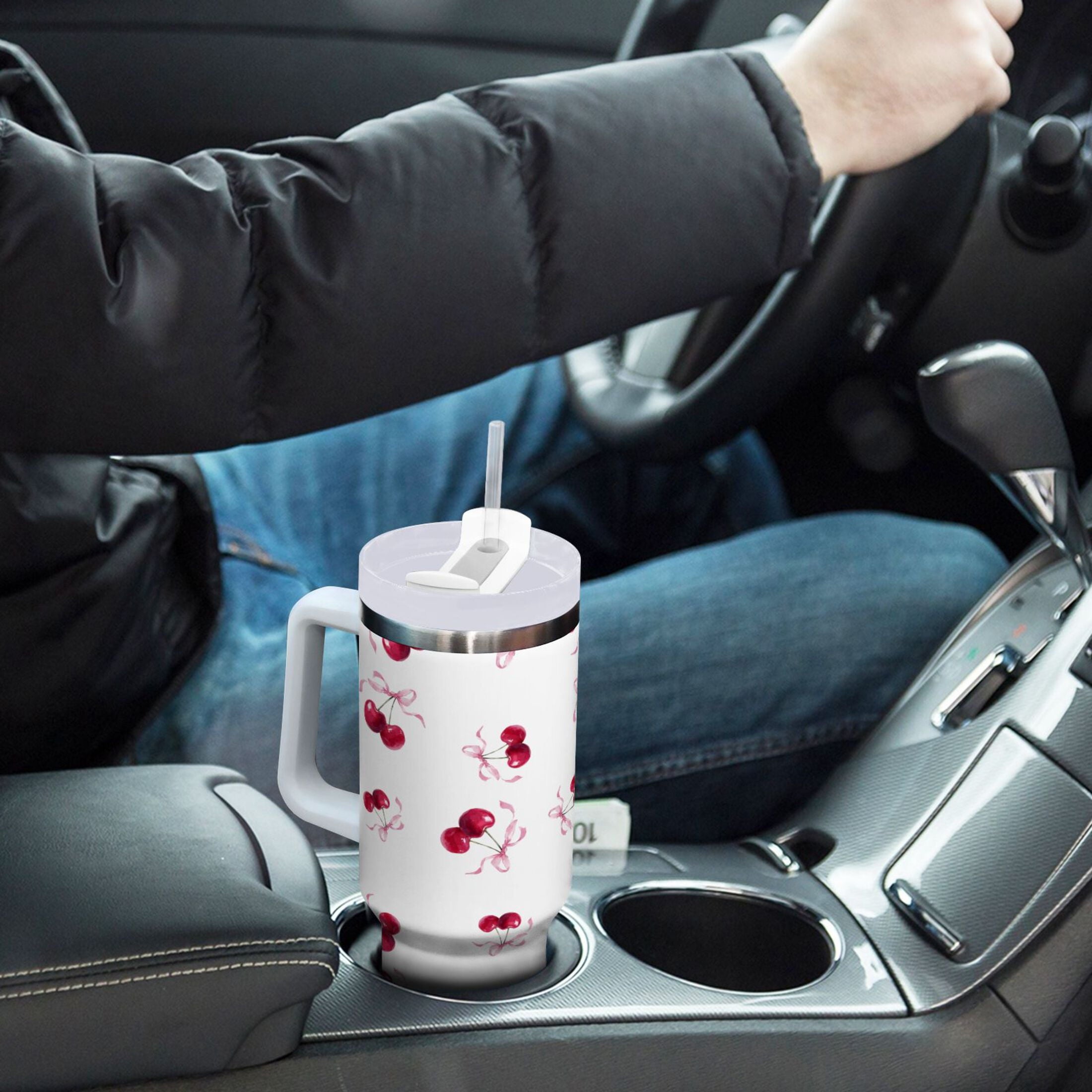 30 oz Insulated Stainless Steel Tumbler Double Wall Stainless Steel Tumbler with 2-Way Drinking Watercolor Cherries Pattern 4FUC