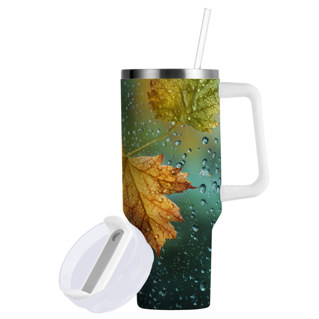 30 oz Insulated Stainless Steel Tumbler Double Wall Stainless Steel Tumbler with 2-Way Drinking Leaves with Water Droplets EV6S