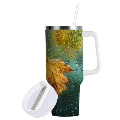 30 oz Insulated Stainless Steel Tumbler Double Wall Stainless Steel Tumbler with 2-Way Drinking Leaves with Water Droplets EV6S