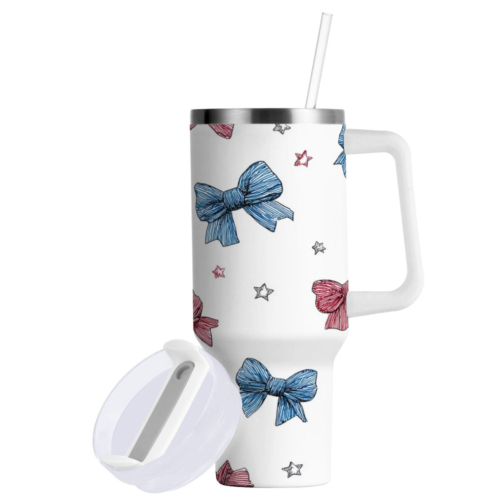 40 oz Insulated Stainless Steel Tumbler Double Wall Stainless Steel Tumbler with 2-Way Drinking Red and Blue Stripes Bows OIXH
