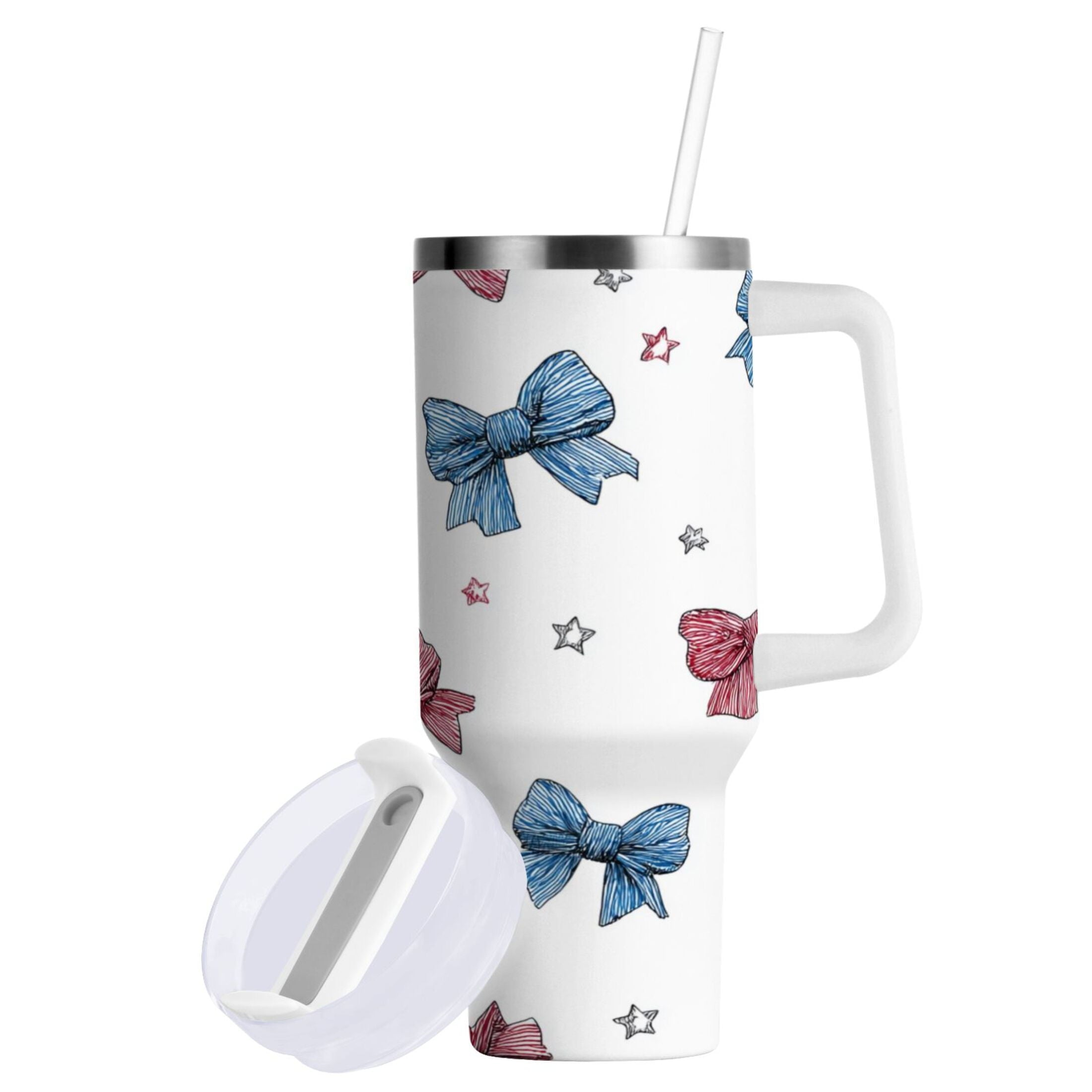 40 oz Insulated Stainless Steel Tumbler Double Wall Stainless Steel Tumbler with 2-Way Drinking Red and Blue Stripes Bows OIXH