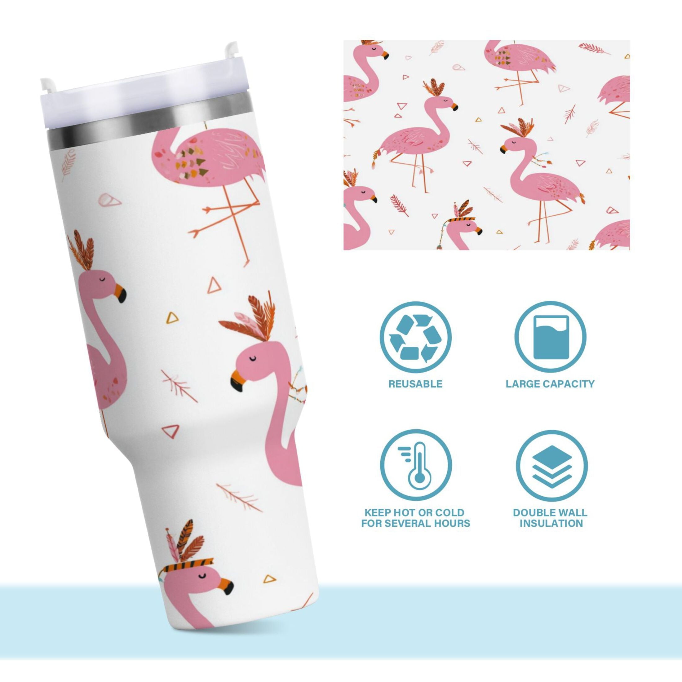 40 oz Insulated Stainless Steel Tumbler Double Wall Stainless Steel Tumbler with 2-Way Drinking Cute Pink Flamingo Pattern C1G1