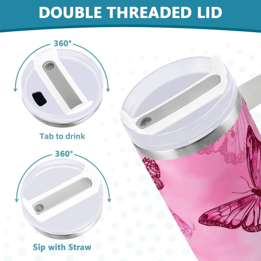 40 oz Insulated Stainless Steel Tumbler Double Wall Stainless Steel Tumbler with 2-Way Drinking Pink Butterfly Pattern GWES