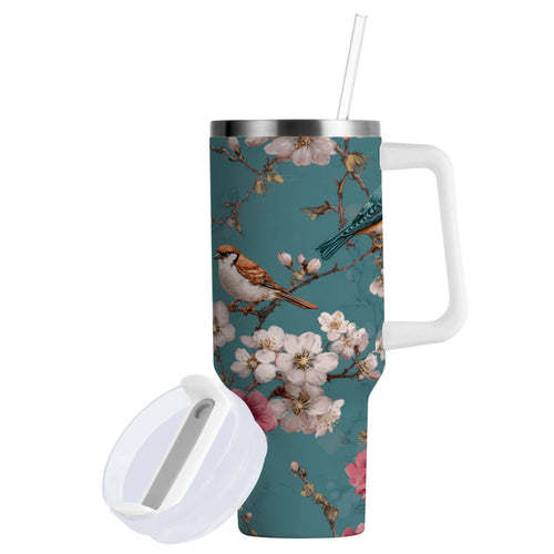 30 oz Insulated Stainless Steel Tumbler Double Wall Stainless Steel Tumbler with 2-Way Drinking Birds and Cherry Pattern TNXK