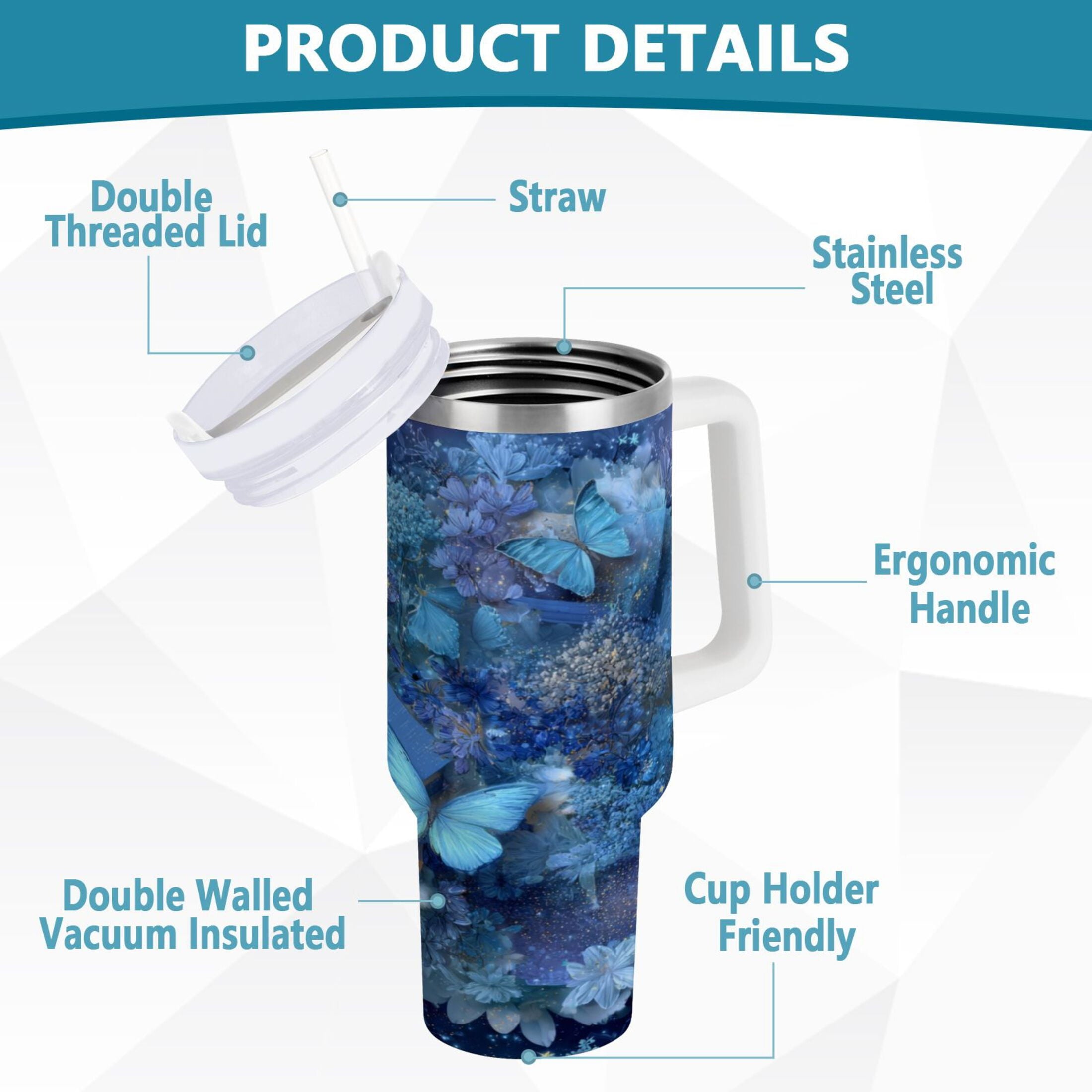 30 oz Insulated Stainless Steel Tumbler Double Wall Stainless Steel Tumbler with 2-Way Drinking Butterflies Books and Flowers TJRO