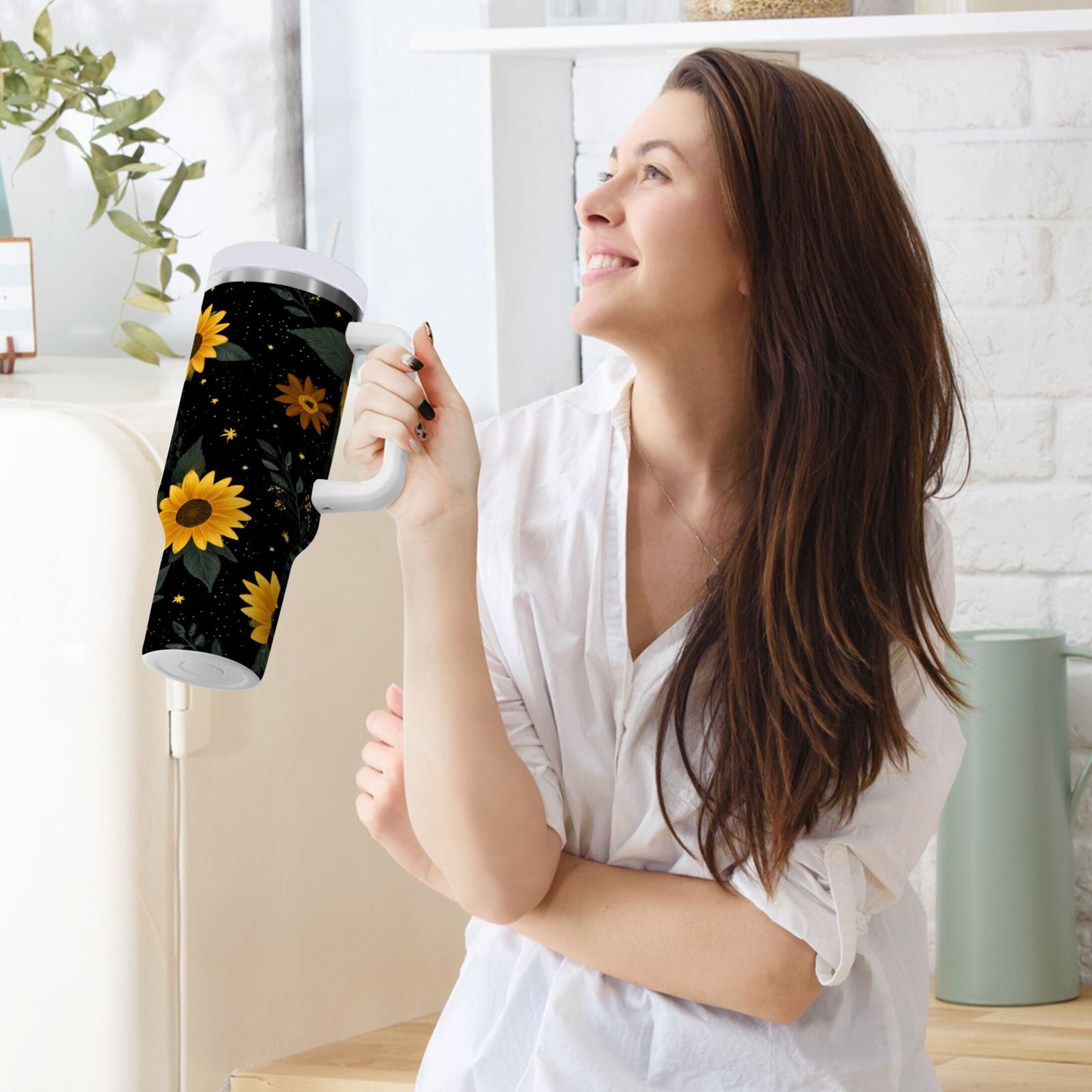 30 oz Insulated Stainless Steel Tumbler Double Wall Stainless Steel Tumbler with 2-Way Drinking Yellow Sunflower Pattern 0C16