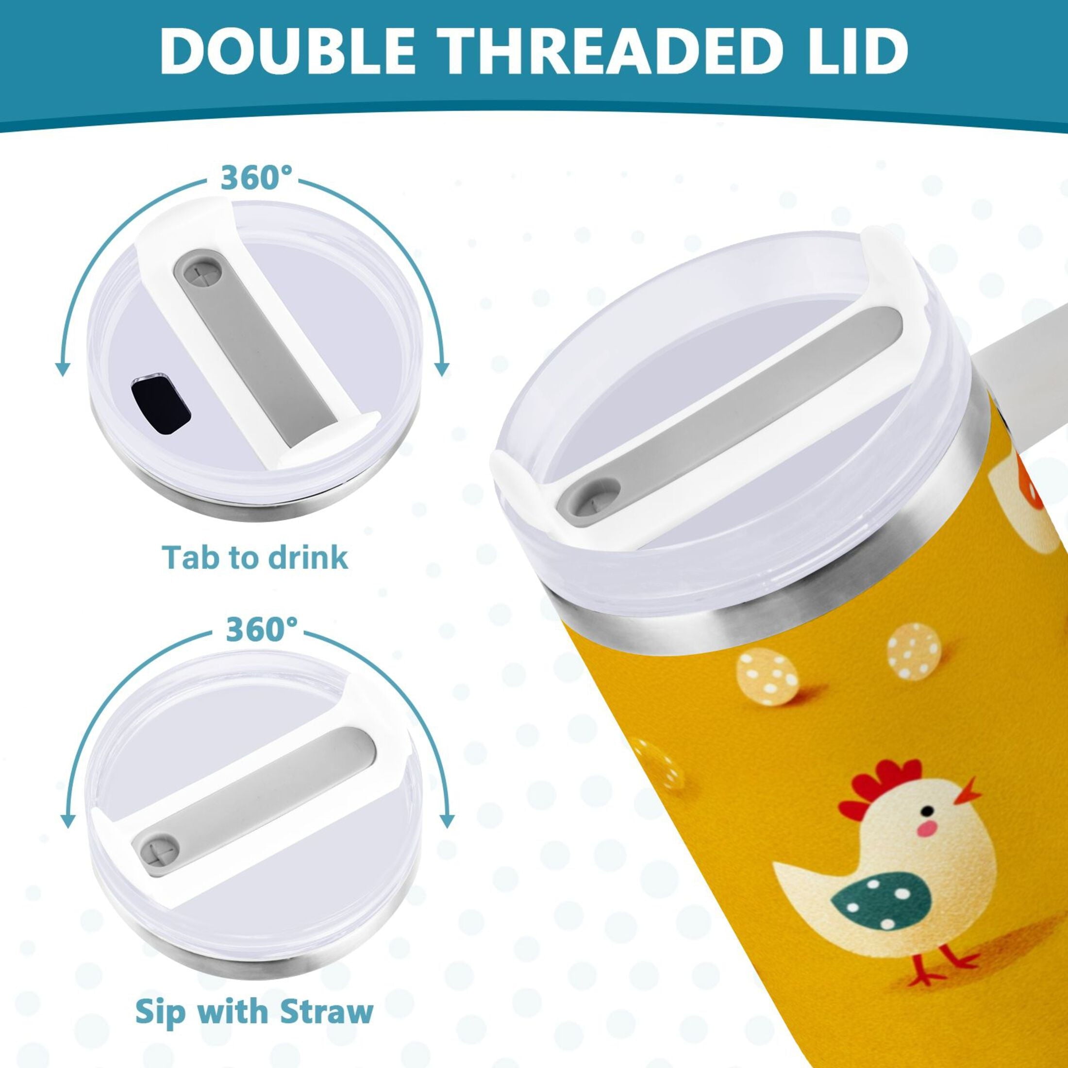 30 oz Insulated Stainless Steel Tumbler Double Wall Stainless Steel Tumbler with 2-Way Drinking Cartoon Chickens Pattern UOY9