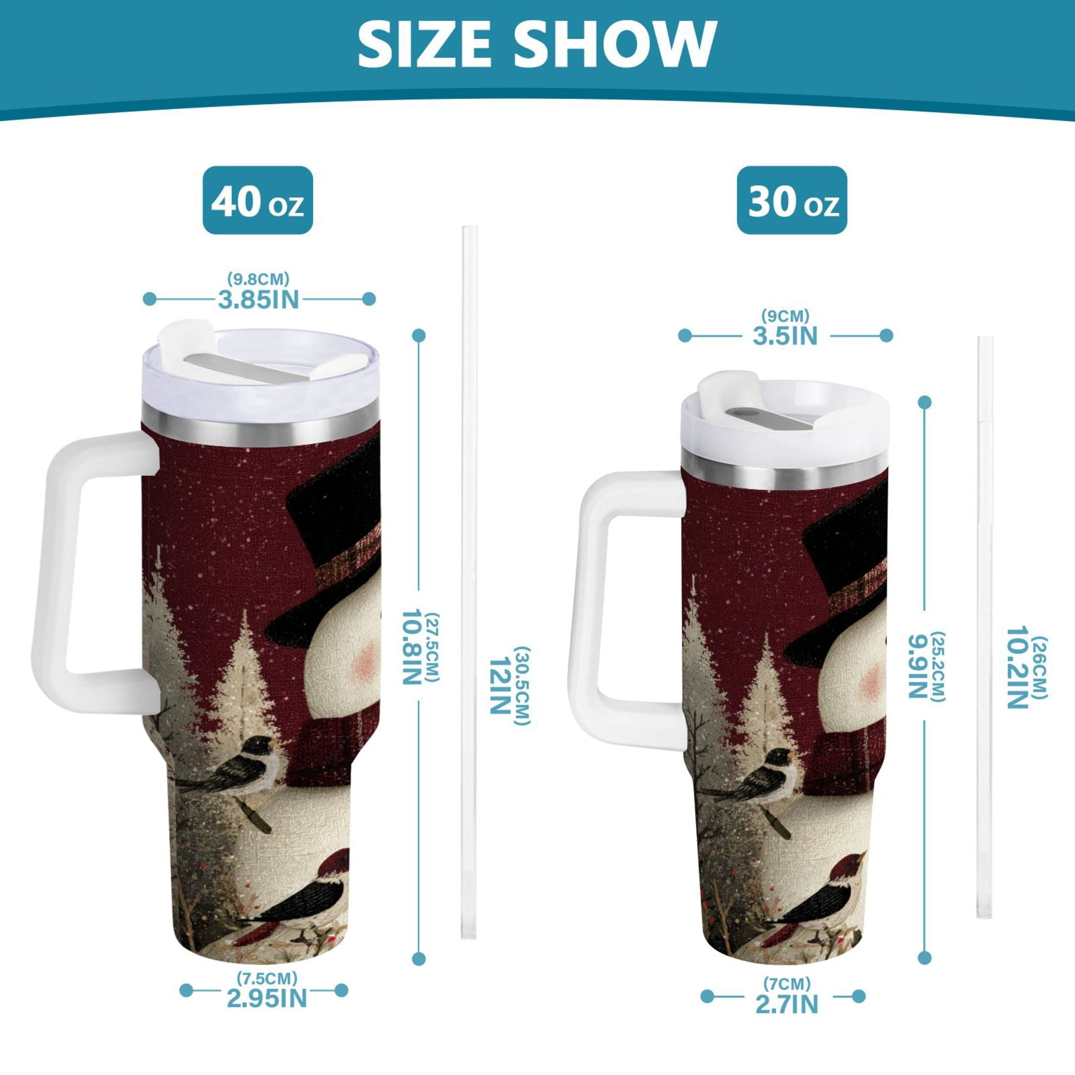 30 oz Insulated Stainless Steel Tumbler Double Wall Stainless Steel Tumbler with 2-Way Drinking Snowman and Birds IWE5