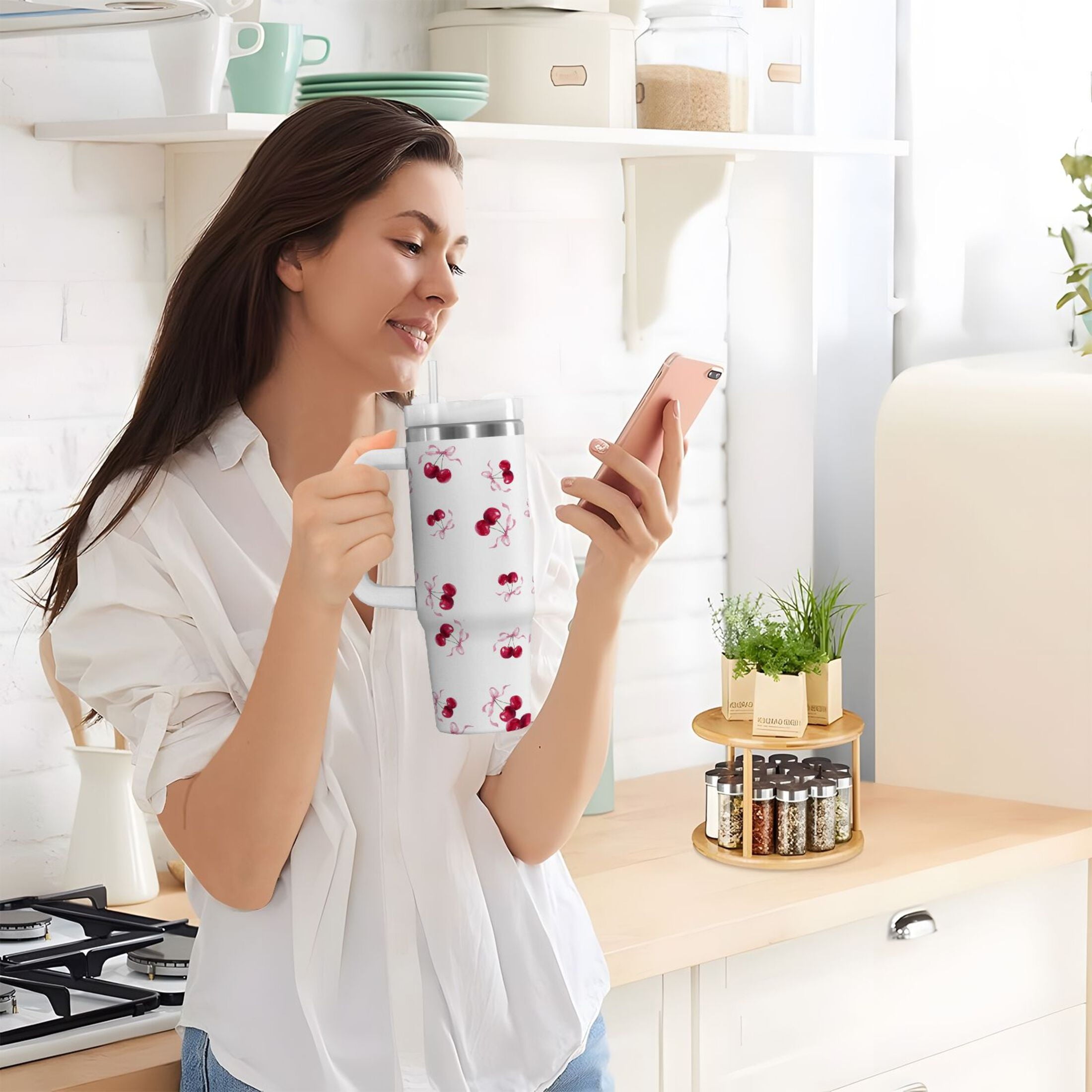 30 oz Insulated Stainless Steel Tumbler Double Wall Stainless Steel Tumbler with 2-Way Drinking Watercolor Cherries Pattern 4FUC