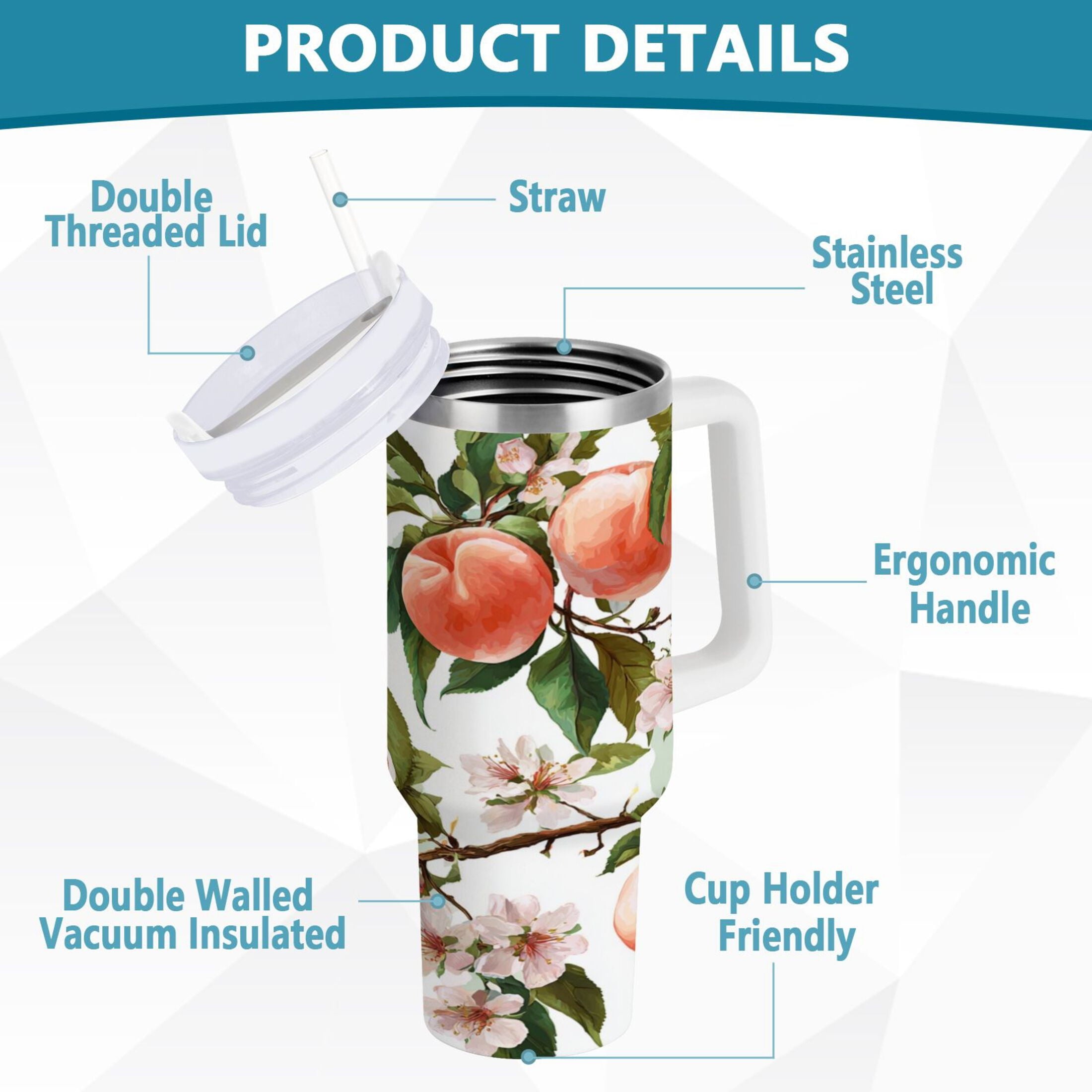 30 oz Insulated Stainless Steel Tumbler Double Wall Stainless Steel Tumbler with 2-Way Drinking Peach Fruit Pattern TUXP