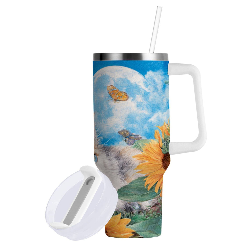 40 oz Insulated Stainless Steel Tumbler Double Wall Stainless Steel Tumbler with 2-Way Drinking Playful Cat Lying Sunflowers NCK5