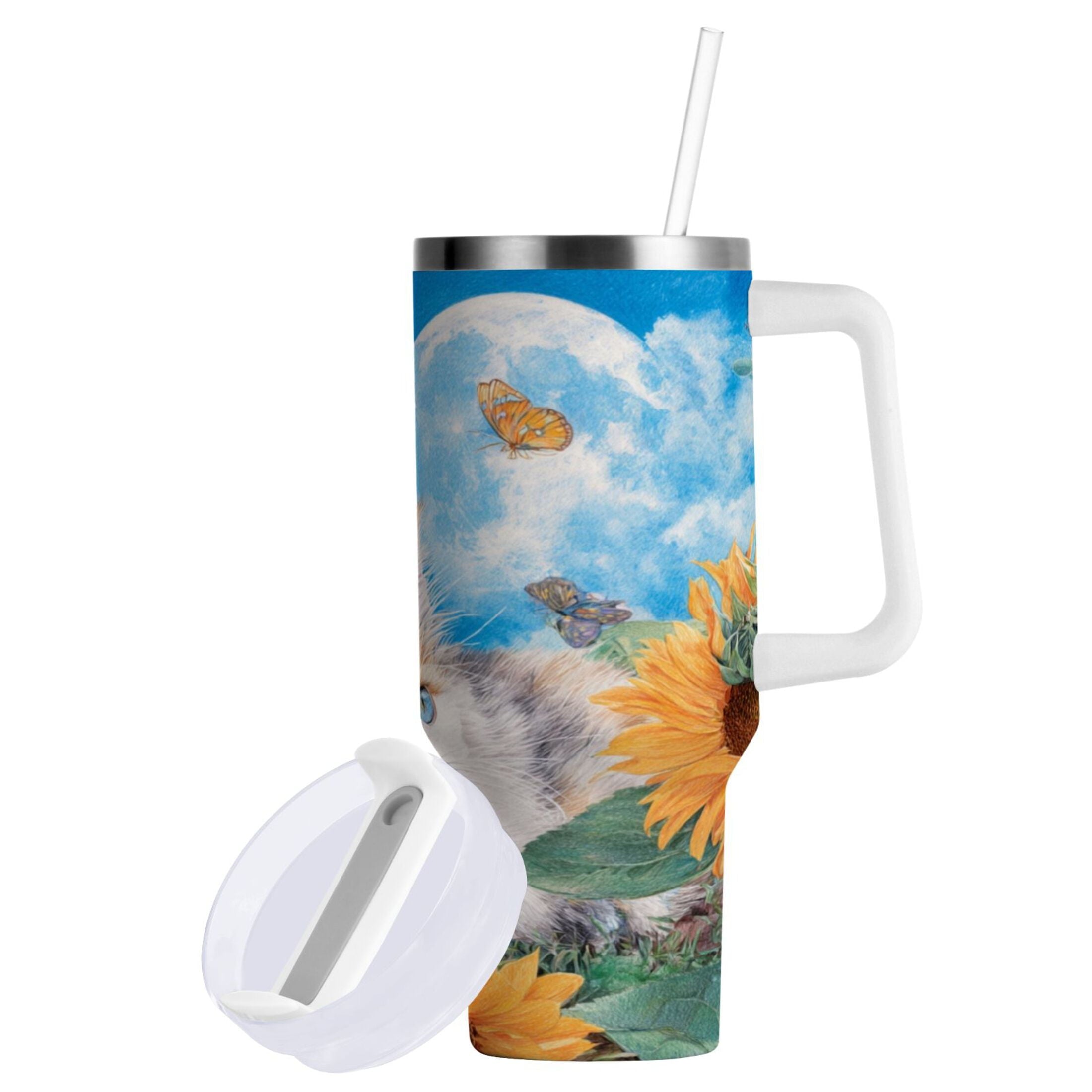 40 oz Insulated Stainless Steel Tumbler Double Wall Stainless Steel Tumbler with 2-Way Drinking Playful Cat Lying Sunflowers NCK5