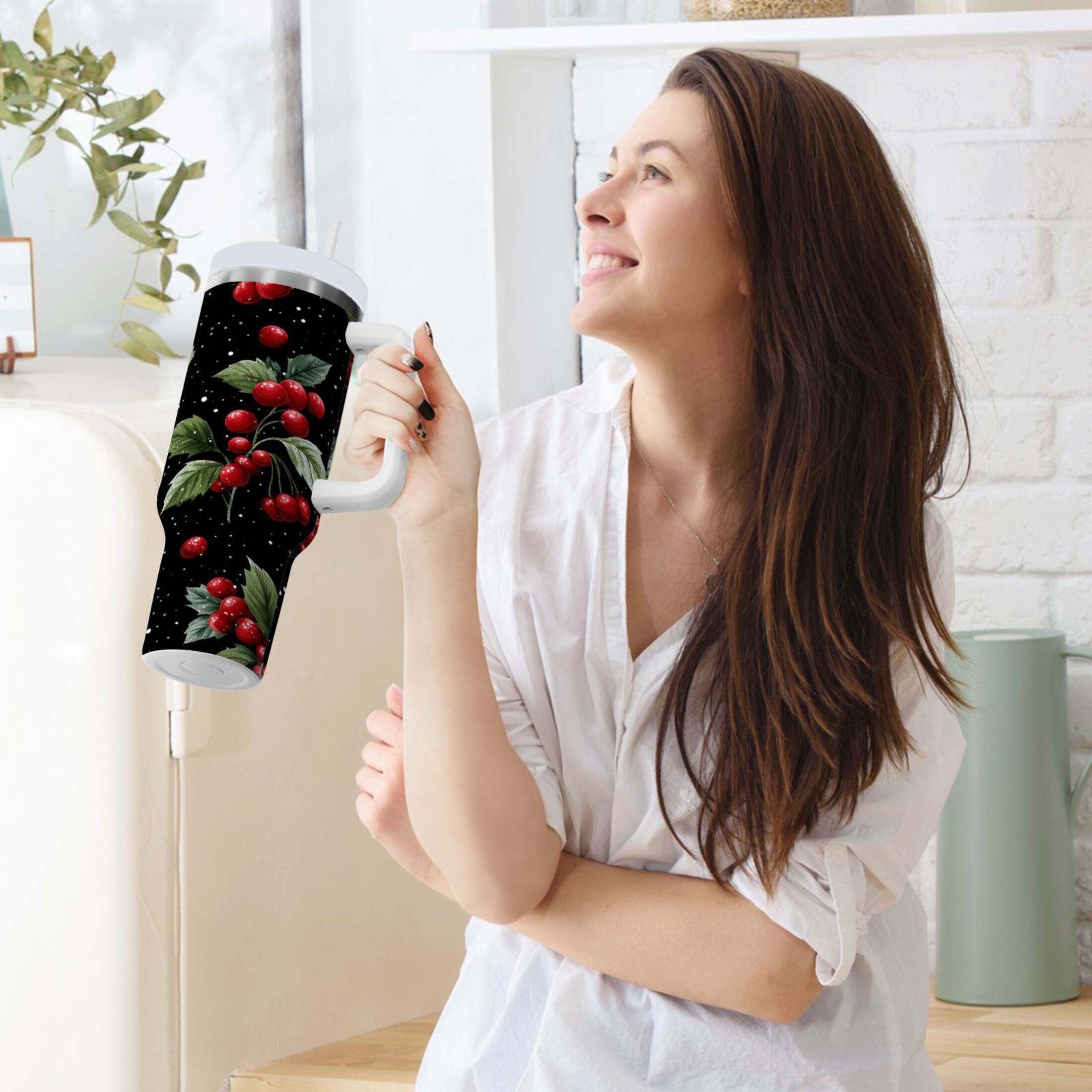 40 oz Insulated Stainless Steel Tumbler Double Wall Stainless Steel Tumbler with 2-Way Drinking Red Holly Berries Pattern UTTW