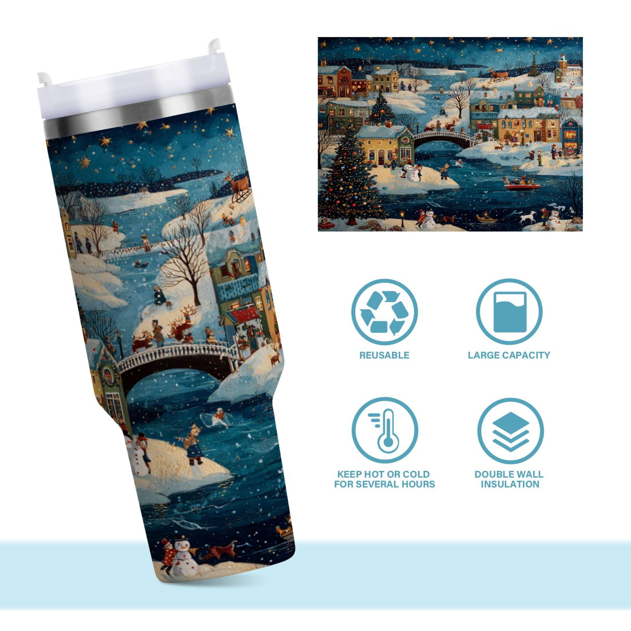 30 oz Insulated Stainless Steel Tumbler Double Wall Stainless Steel Tumbler with 2-Way Drinking Whimsical Christmas Scene WG28