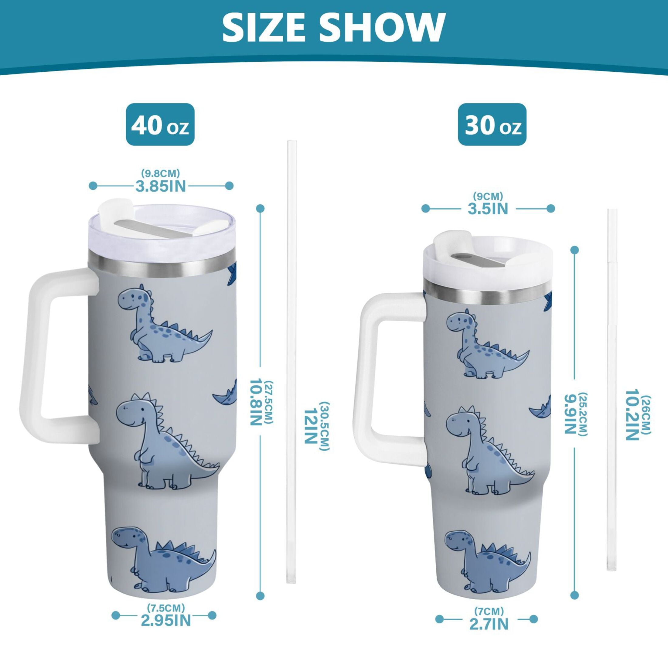 30 oz Insulated Stainless Steel Tumbler Double Wall Stainless Steel Tumbler with 2-Way Drinking Cute Blue Dinosaurs TKRP
