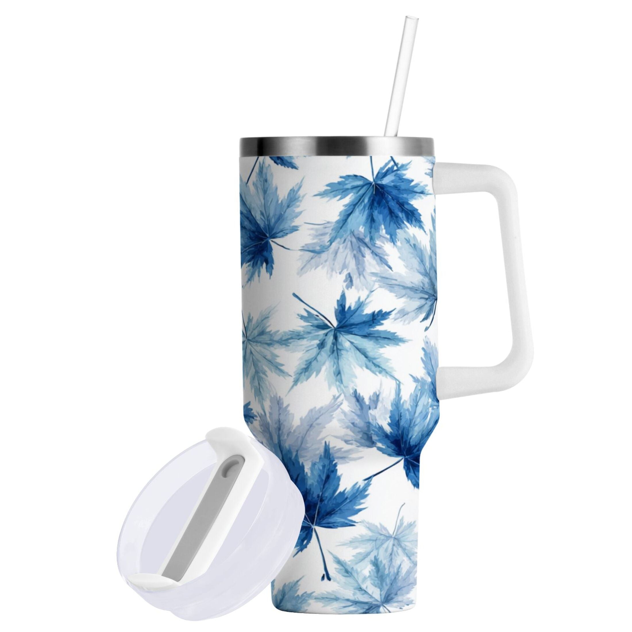 30 oz Insulated Stainless Steel Tumbler Double Wall Stainless Steel Tumbler with 2-Way Drinking Abstract Blue Maple Leaves A3LR