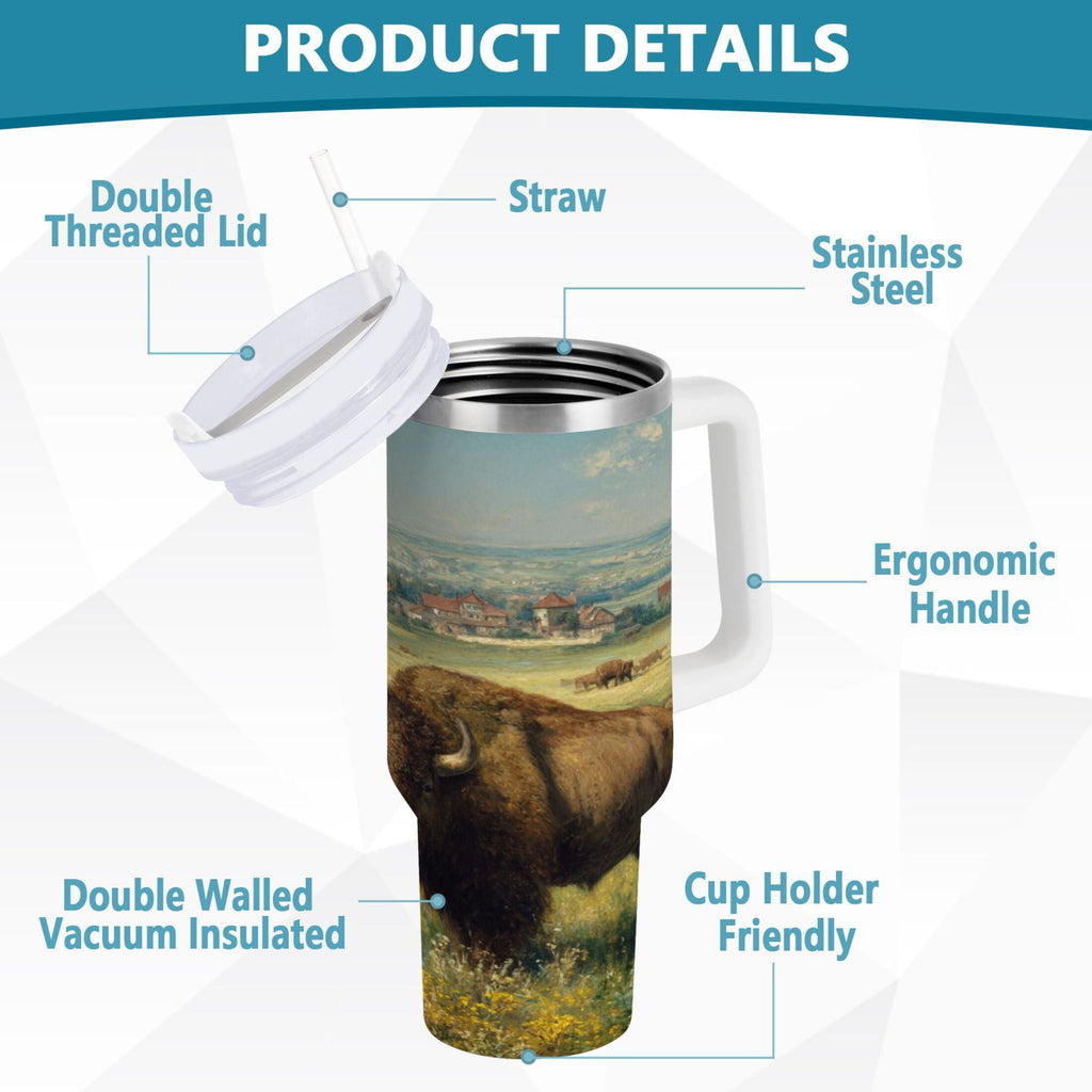 30 oz Insulated Stainless Steel Tumbler Double Wall Stainless Steel Tumbler with 2-Way Drinking Buffalo Herd Oil Painting 0OD7