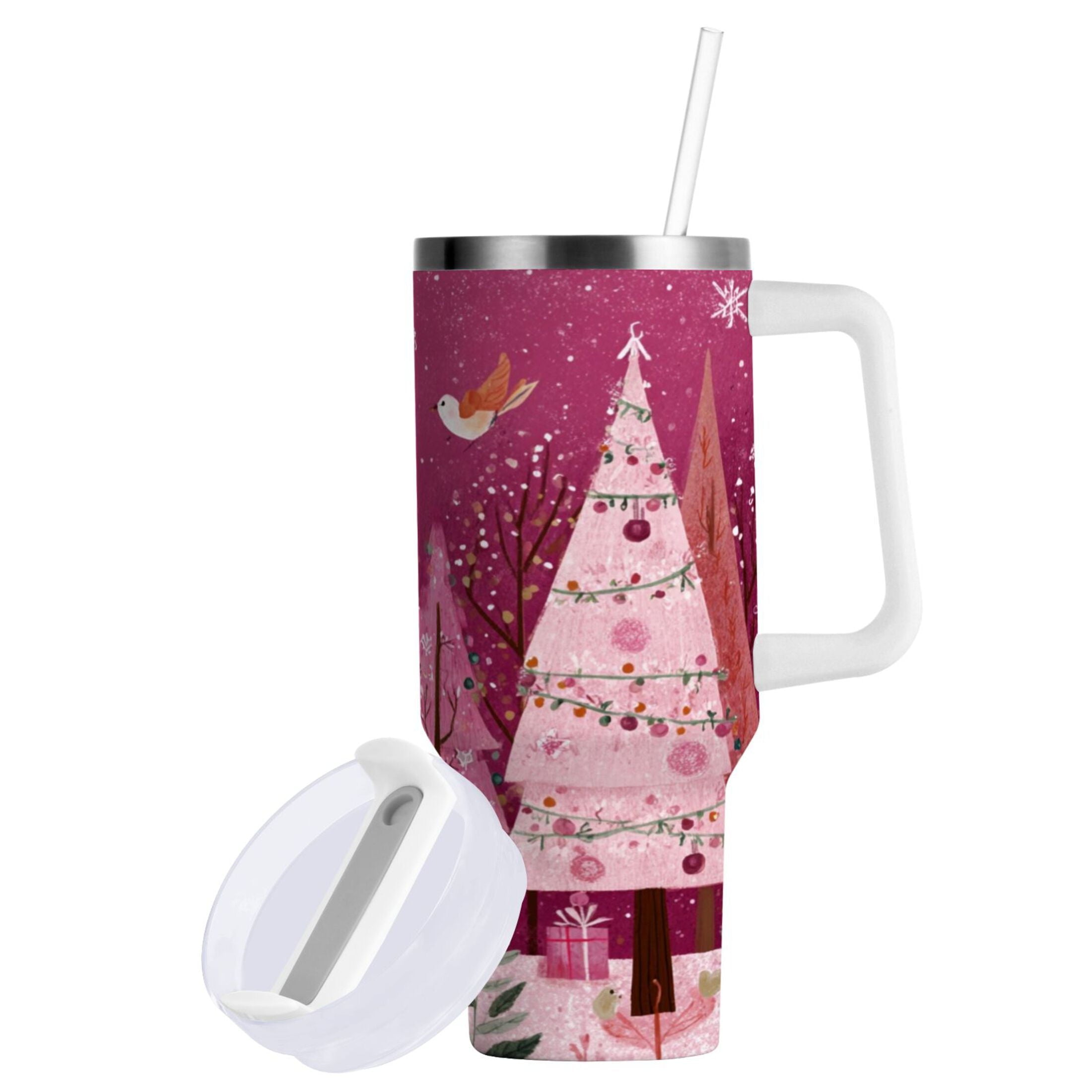 40 oz Insulated Stainless Steel Tumbler Double Wall Stainless Steel Tumbler with 2-Way Drinking Pink Christmas Forest 79HZ