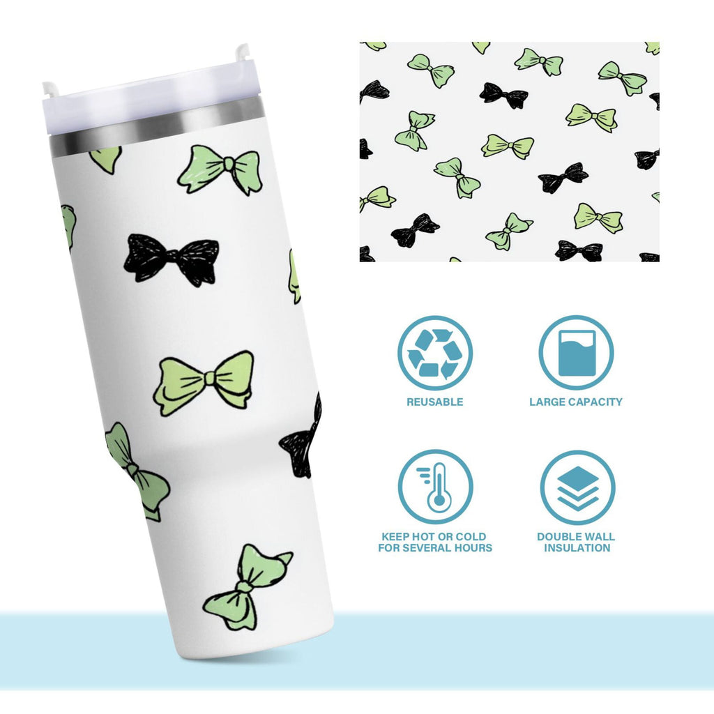 40 oz Insulated Stainless Steel Tumbler Double Wall Stainless Steel Tumbler with 2-Way Drinking Green and Black Bows OSXC