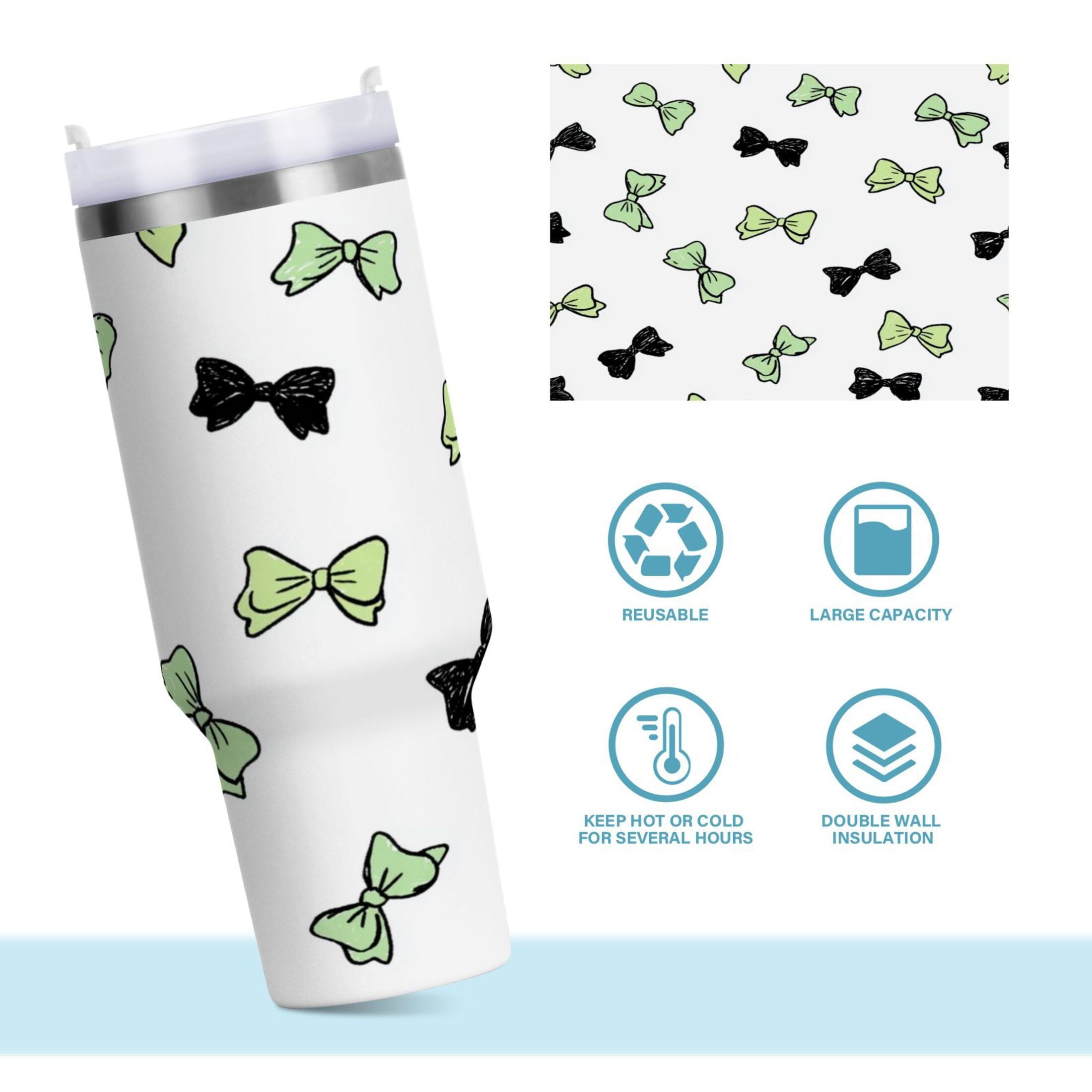 40 oz Insulated Stainless Steel Tumbler Double Wall Stainless Steel Tumbler with 2-Way Drinking Green and Black Bows OSXC