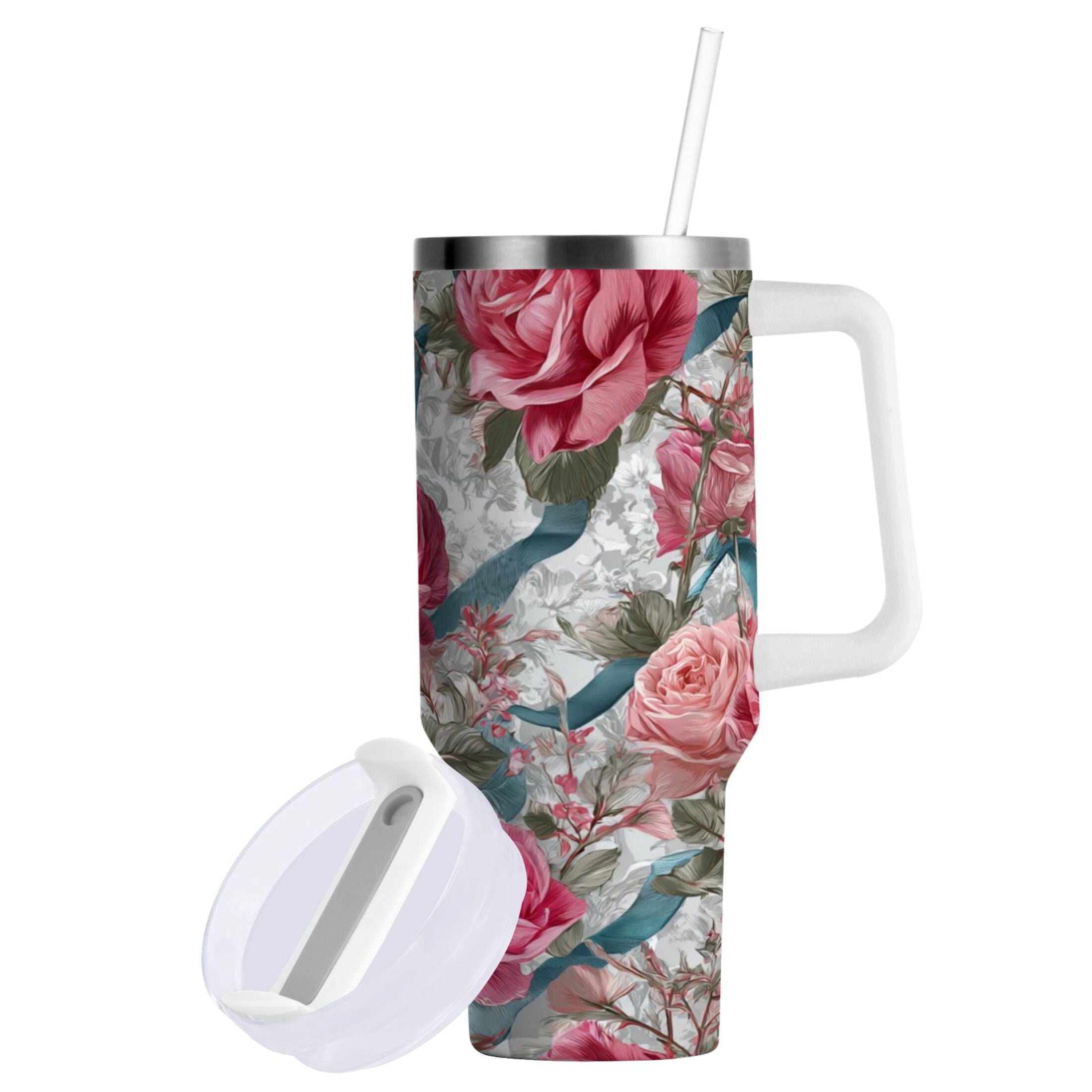 30 oz Insulated Stainless Steel Tumbler Double Wall Stainless Steel Tumbler with 2-Way Drinking Roses and Ribbons HK6M