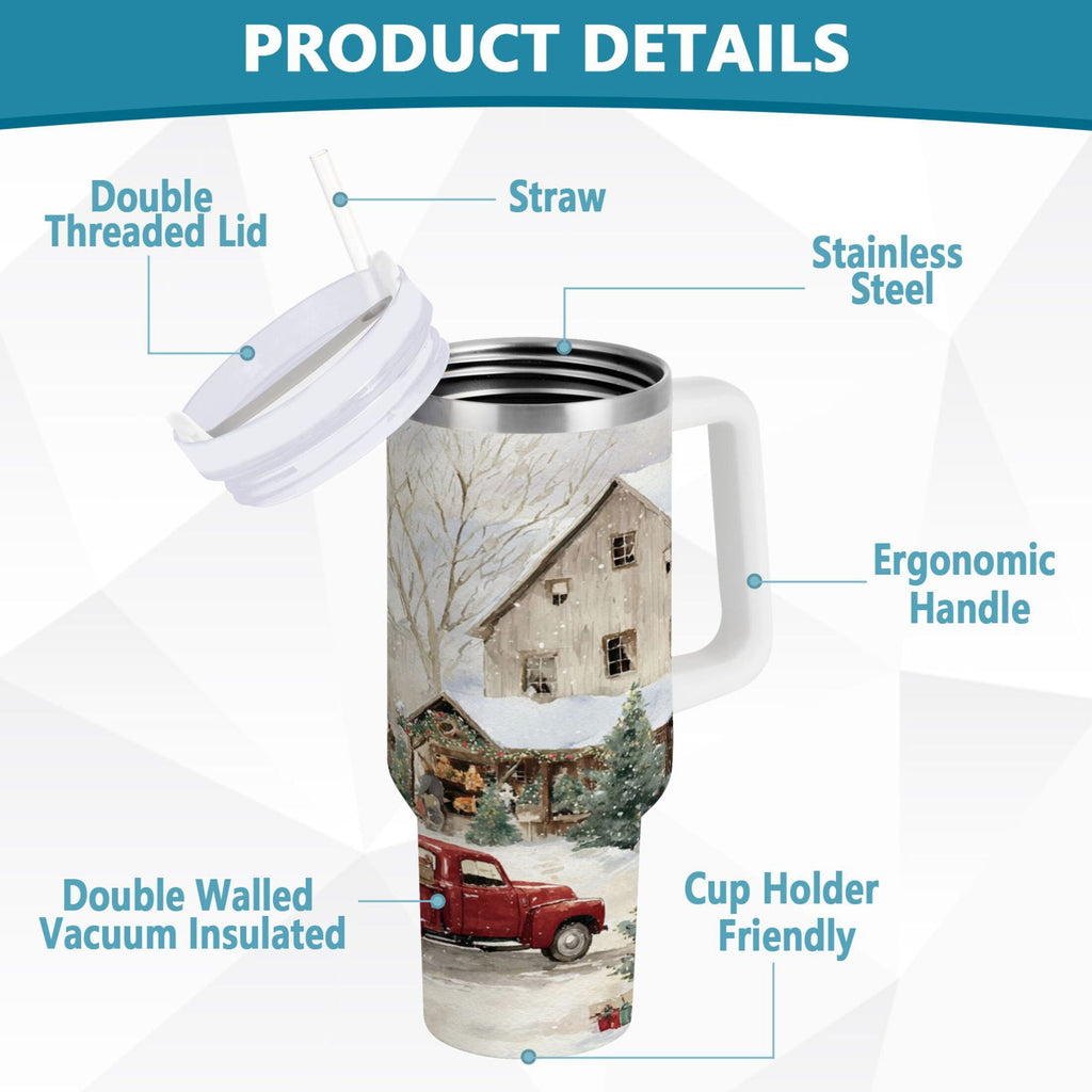 40 oz Insulated Stainless Steel Tumbler Double Wall Stainless Steel Tumbler with 2-Way Drinking Farm Snow Scene 7QPQ
