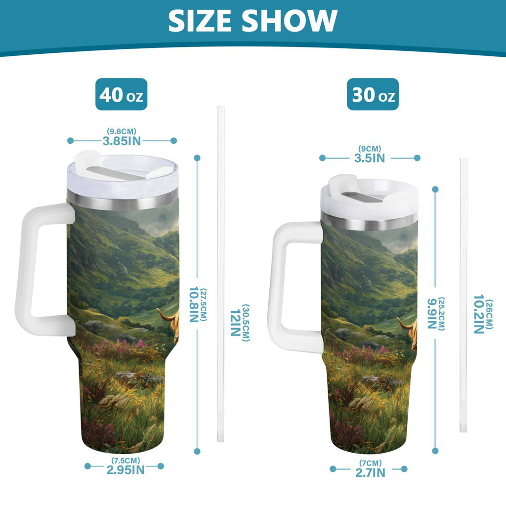 30 oz Insulated Stainless Steel Tumbler Double Wall Stainless Steel Tumbler with 2-Way Drinking Cow in Green Rolling Hills 2PST