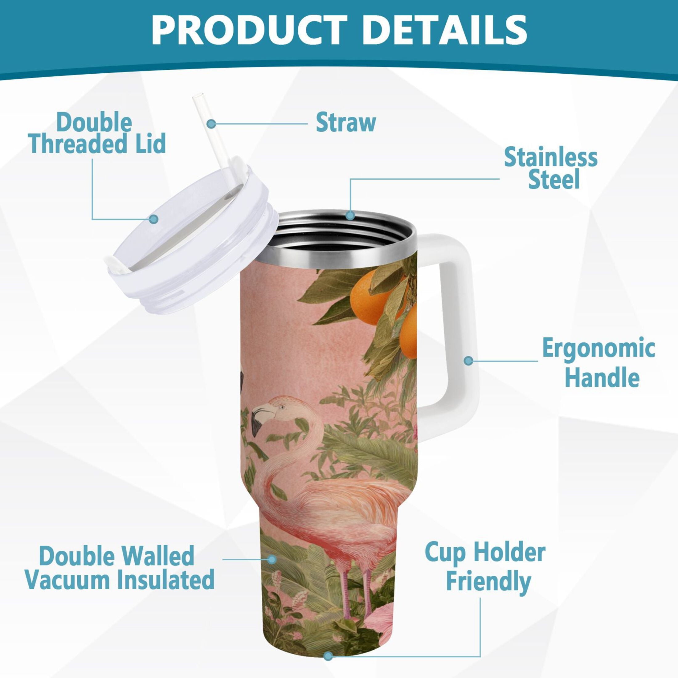 40 oz Insulated Stainless Steel Tumbler Double Wall Stainless Steel Tumbler with 2-Way Drinking Flamingos in Tropical Garden RY99