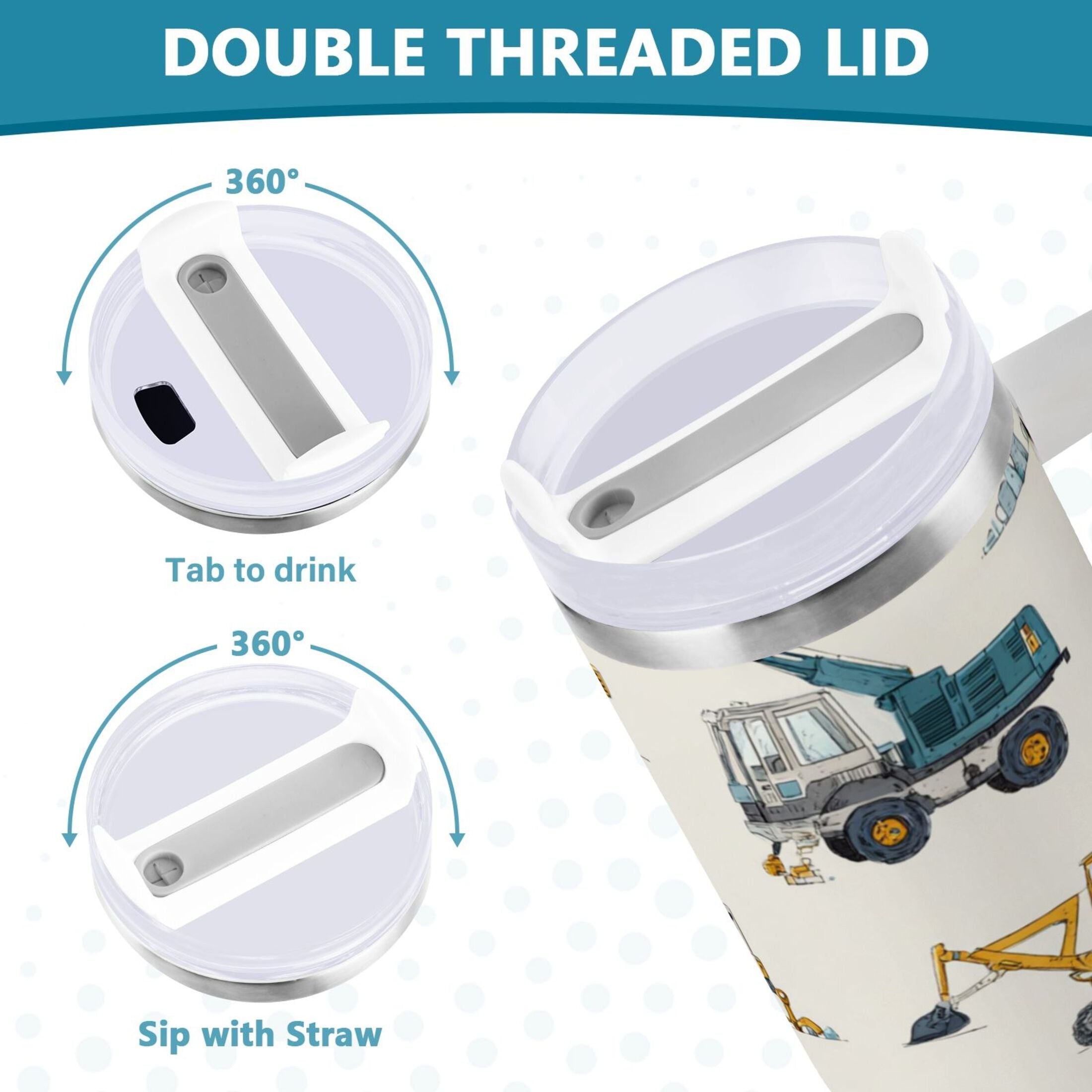 30 oz Insulated Stainless Steel Tumbler Double Wall Stainless Steel Tumbler with 2-Way Drinking Engineering Vehicle Pattern JCOA