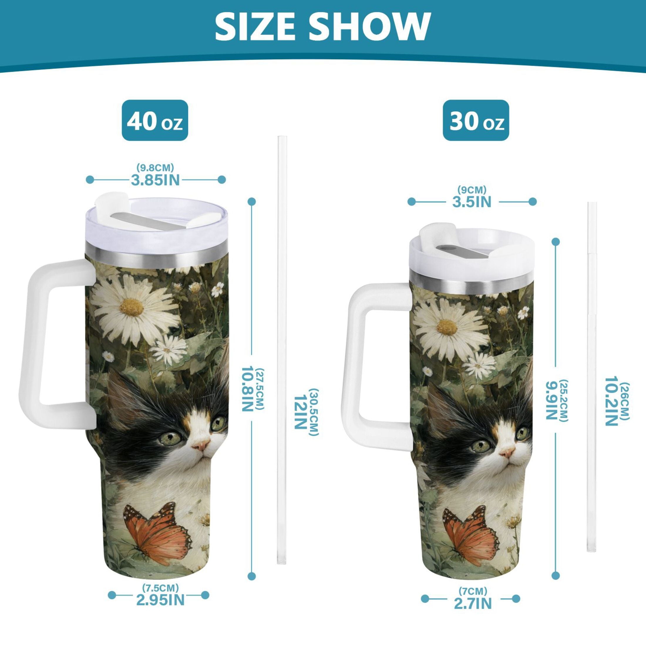 30 oz Insulated Stainless Steel Tumbler Double Wall Stainless Steel Tumbler with 2-Way Drinking Adorable Cats and Daisies GBGW