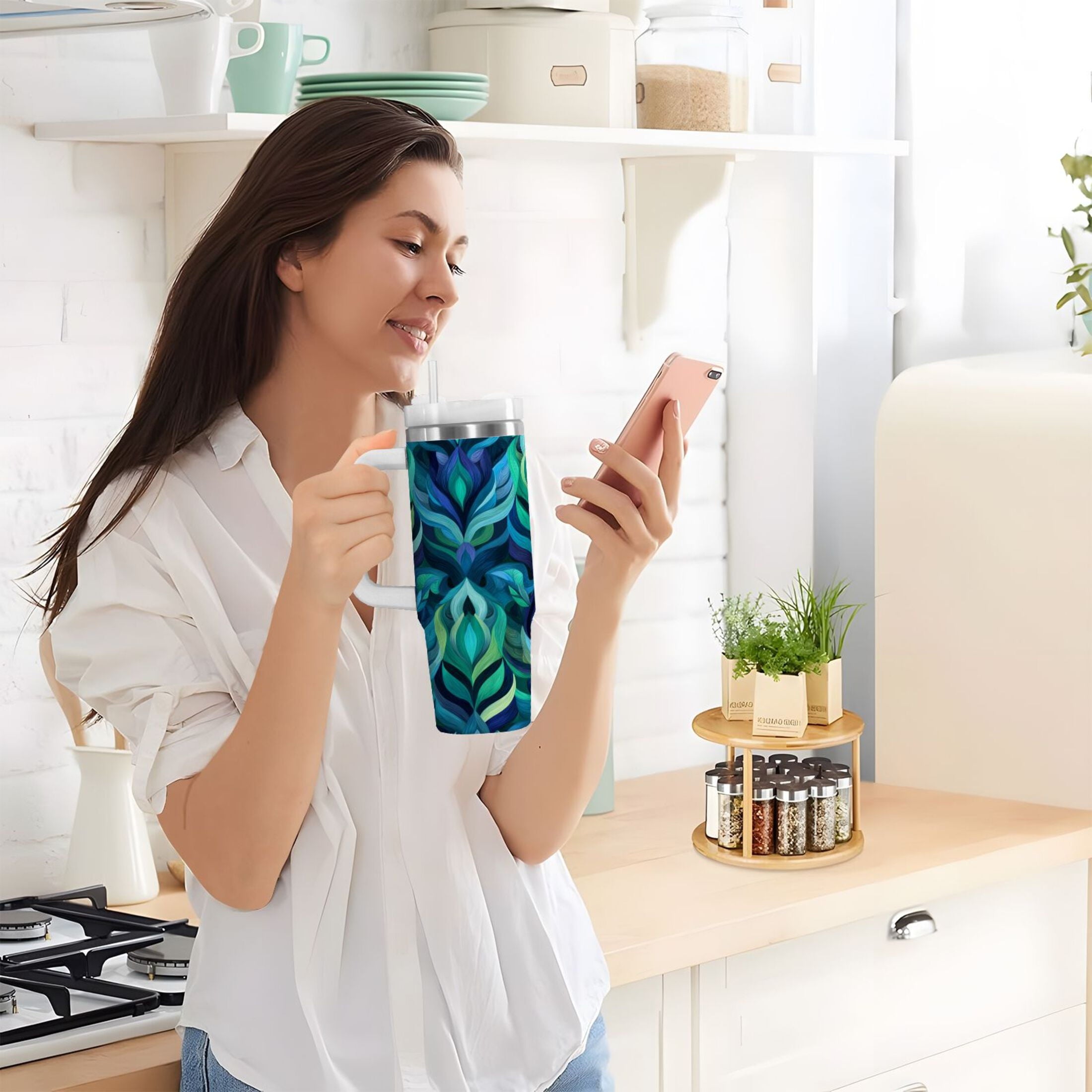 40 oz Insulated Stainless Steel Tumbler Double Wall Stainless Steel Tumbler with 2-Way Drinking Elegant Blue Abstract Shapes 8BDA