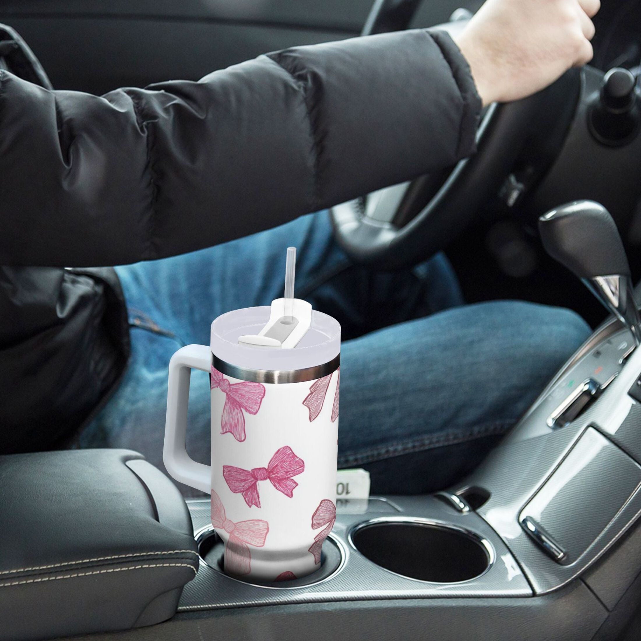 40 oz Insulated Stainless Steel Tumbler Double Wall Stainless Steel Tumbler with 2-Way Drinking Pink Bows Pattern 2NML