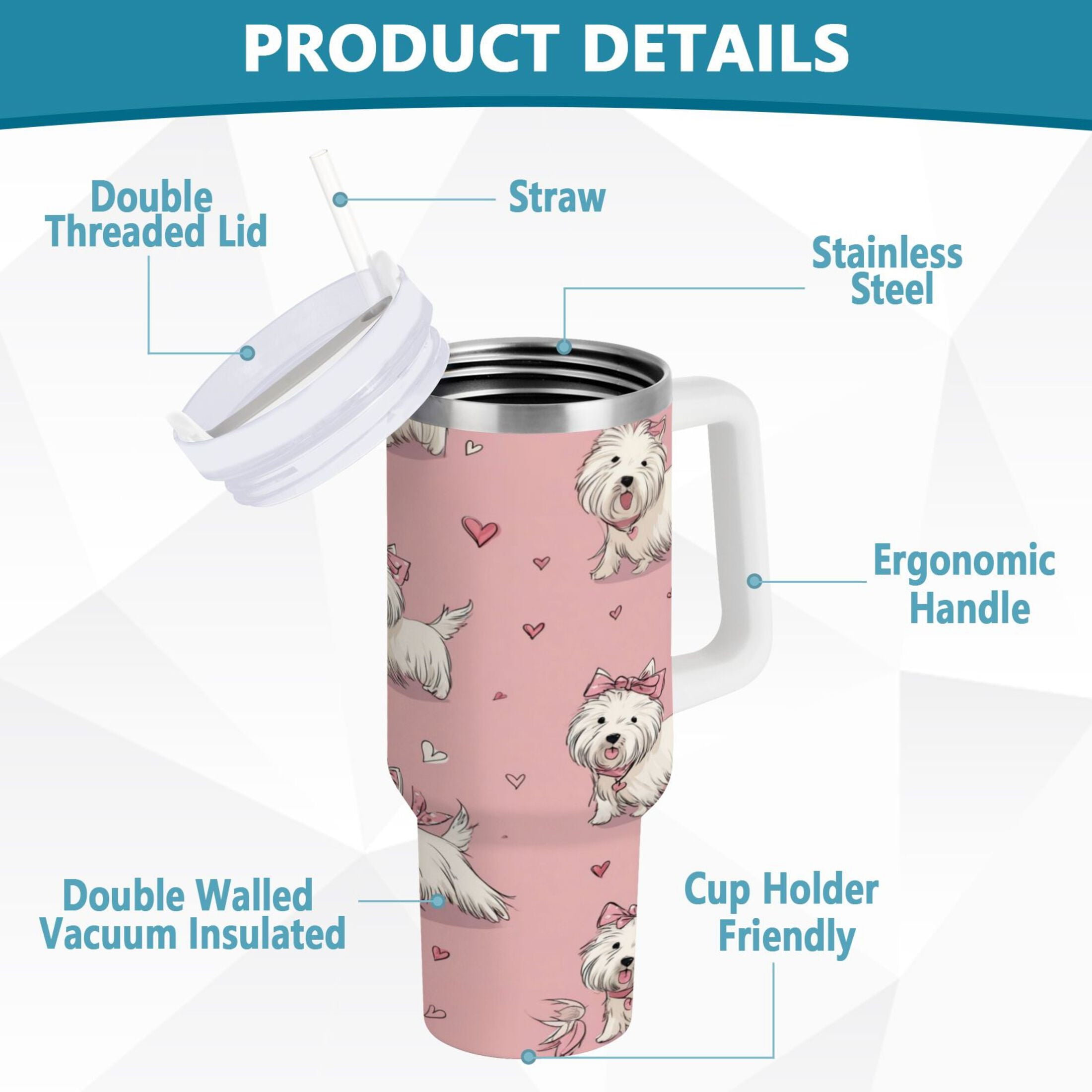 30 oz Insulated Stainless Steel Tumbler Double Wall Stainless Steel Tumbler with 2-Way Drinking Dogs Wearing Bows 4X4D