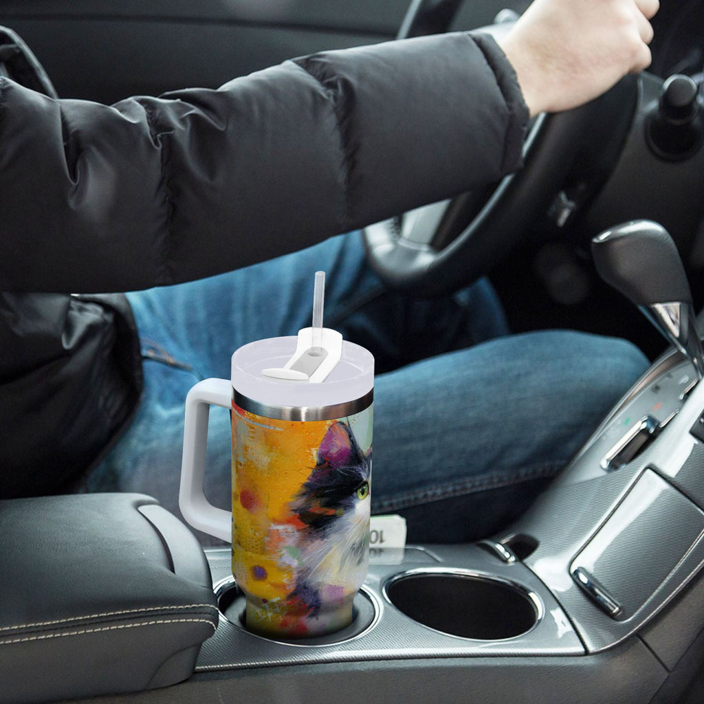 30 oz Insulated Stainless Steel Tumbler Double Wall Stainless Steel Tumbler with 2-Way Drinking Charming Hairy Cat B3QM