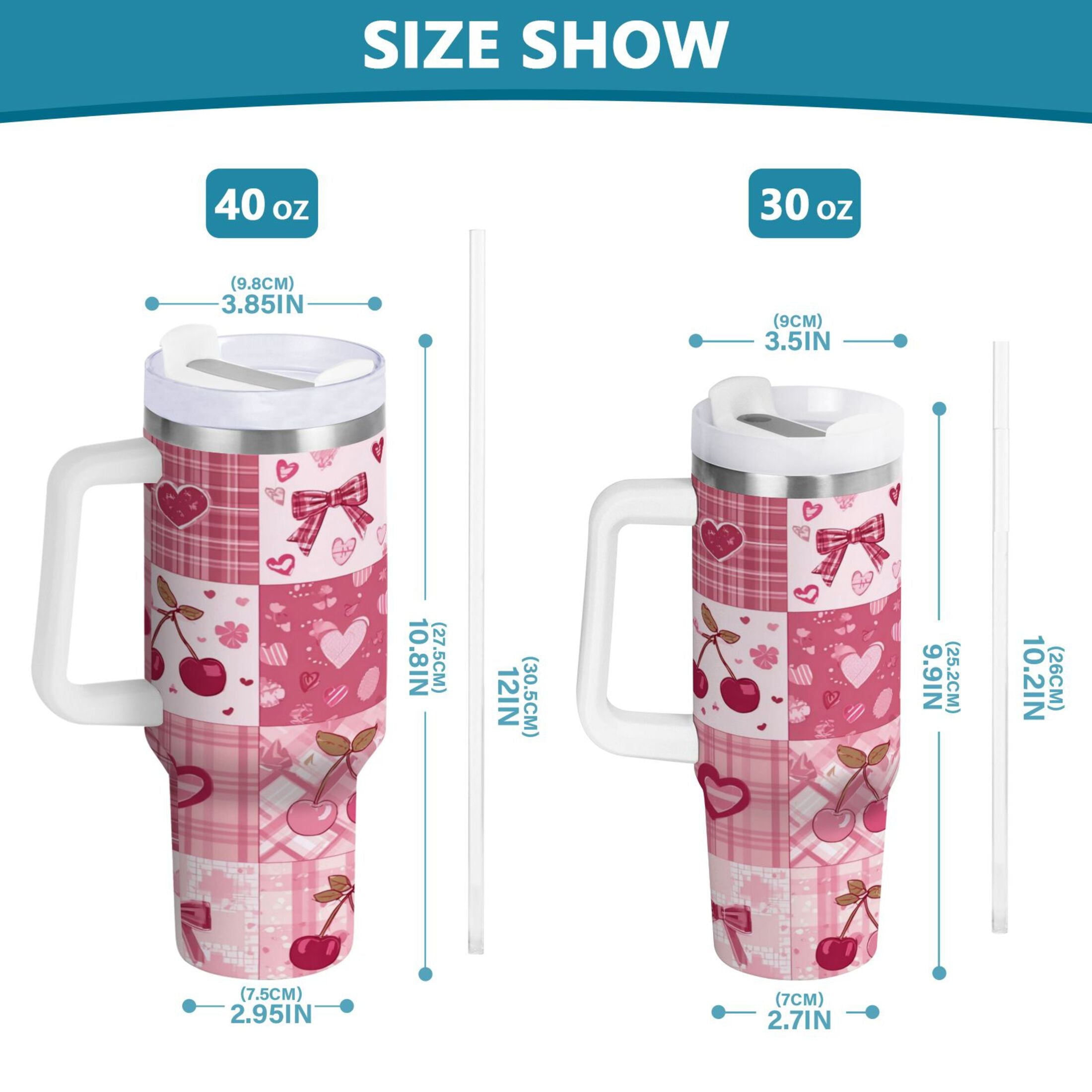 30 oz Insulated Stainless Steel Tumbler Double Wall Stainless Steel Tumbler with 2-Way Drinking Cherry Pattern with Bows 0RMT