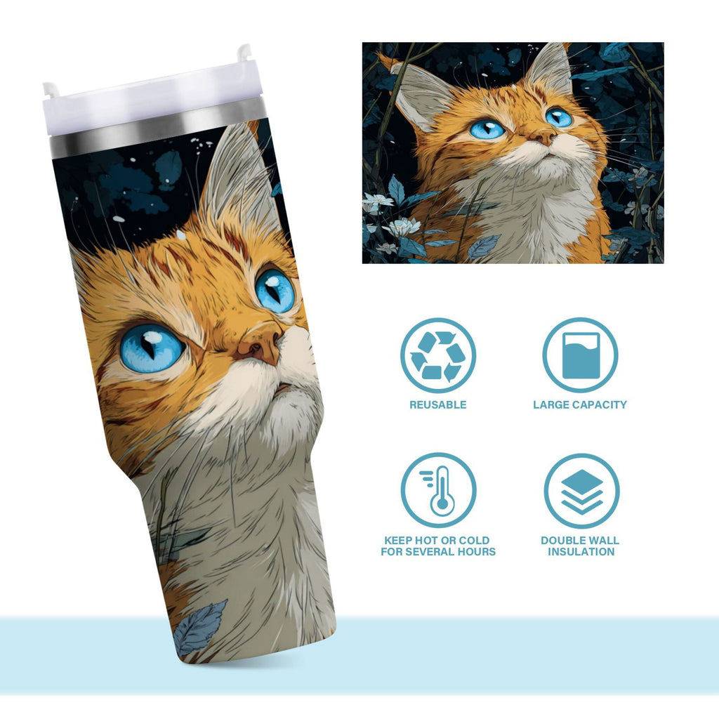 30 oz Insulated Stainless Steel Tumbler Double Wall Stainless Steel Tumbler with 2-Way Drinking Orange Cat with Blue Eyes GFEP