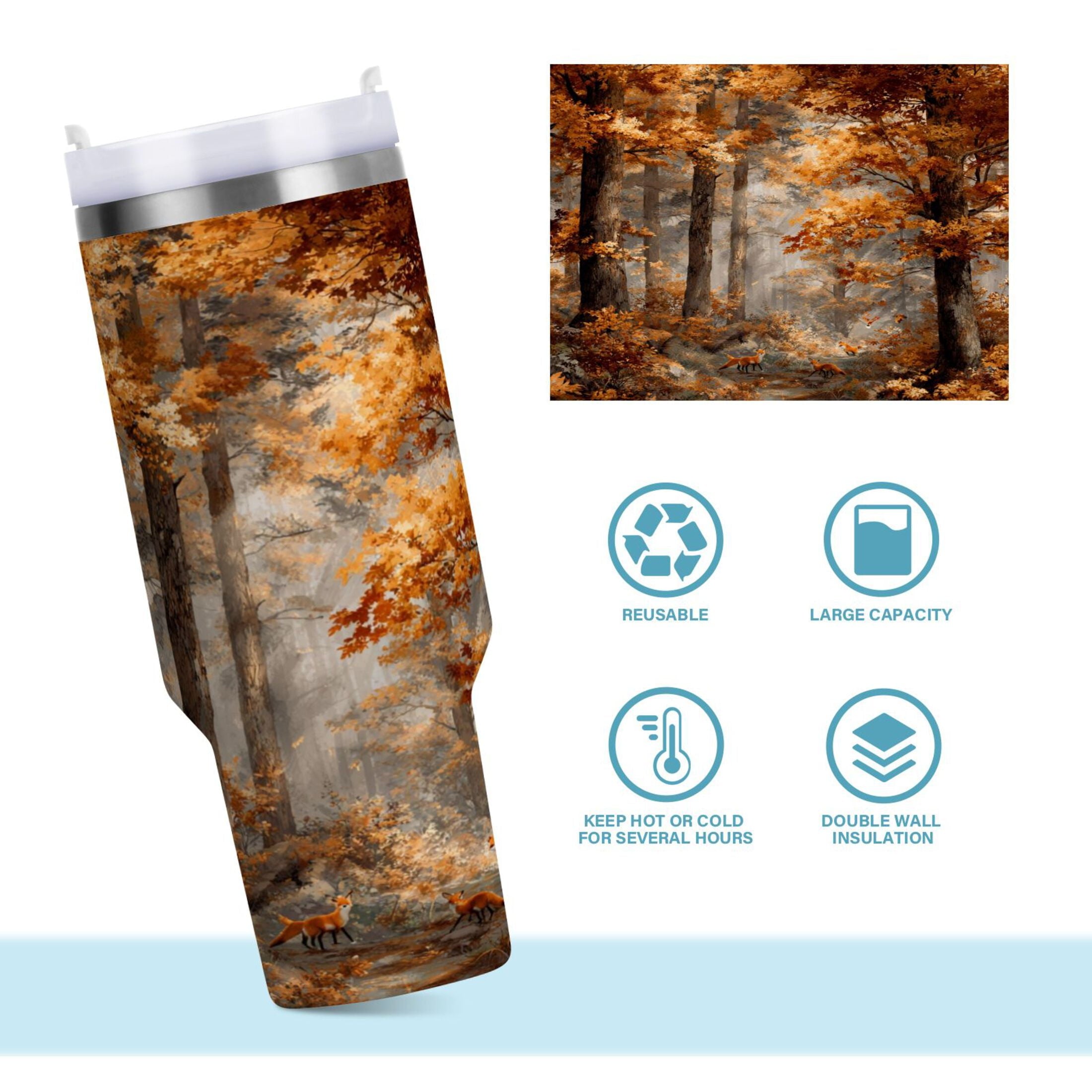 30 oz Insulated Stainless Steel Tumbler Double Wall Stainless Steel Tumbler with 2-Way Drinking Beautiful Autumn Forest USBF