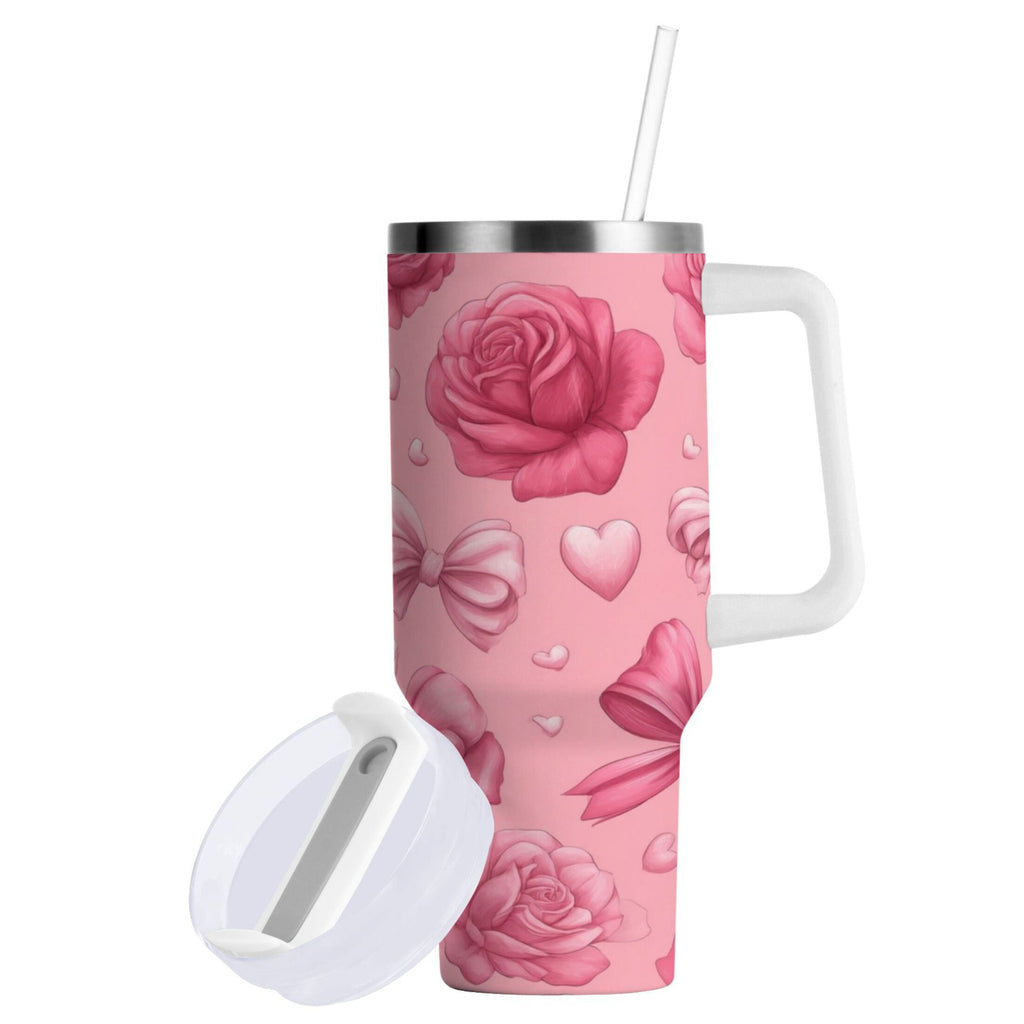 40 oz Insulated Stainless Steel Tumbler Double Wall Stainless Steel Tumbler with 2-Way Drinking Roses and Bows Pattern QV9Q