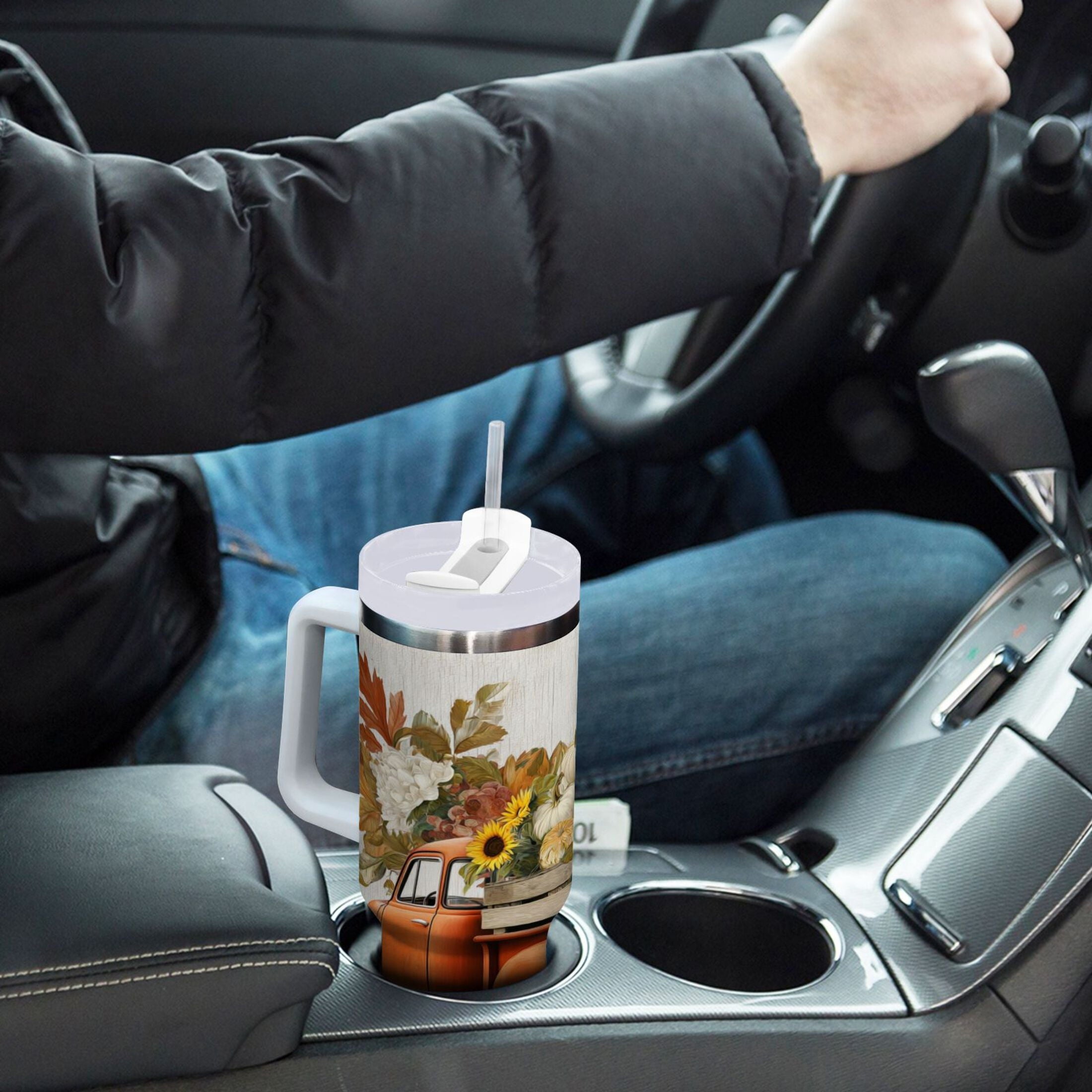 40 oz Insulated Stainless Steel Tumbler Double Wall Stainless Steel Tumbler with 2-Way Drinking Truck Full Of Pumpkins 1AJ5