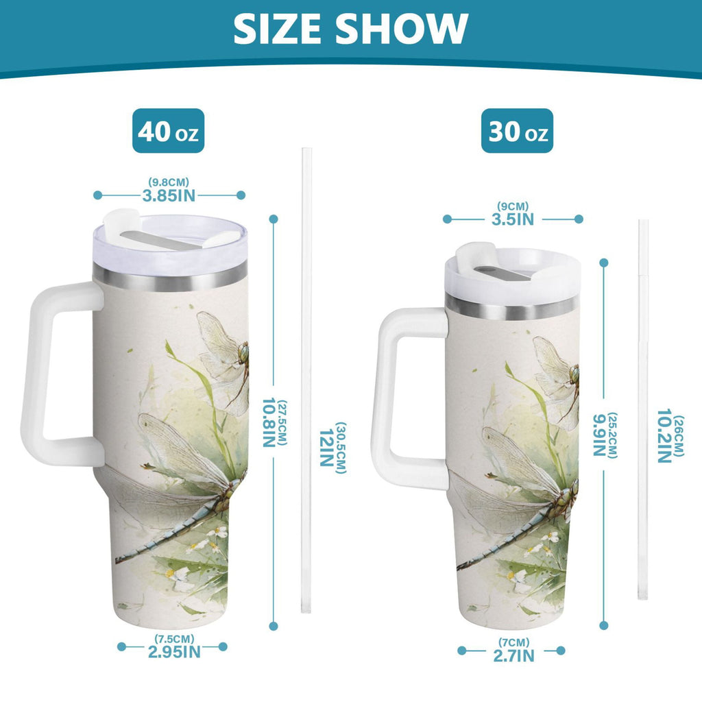 30 oz Insulated Stainless Steel Tumbler Double Wall Stainless Steel Tumbler with 2-Way Drinking Dragonflies with White Daisies RRPZ
