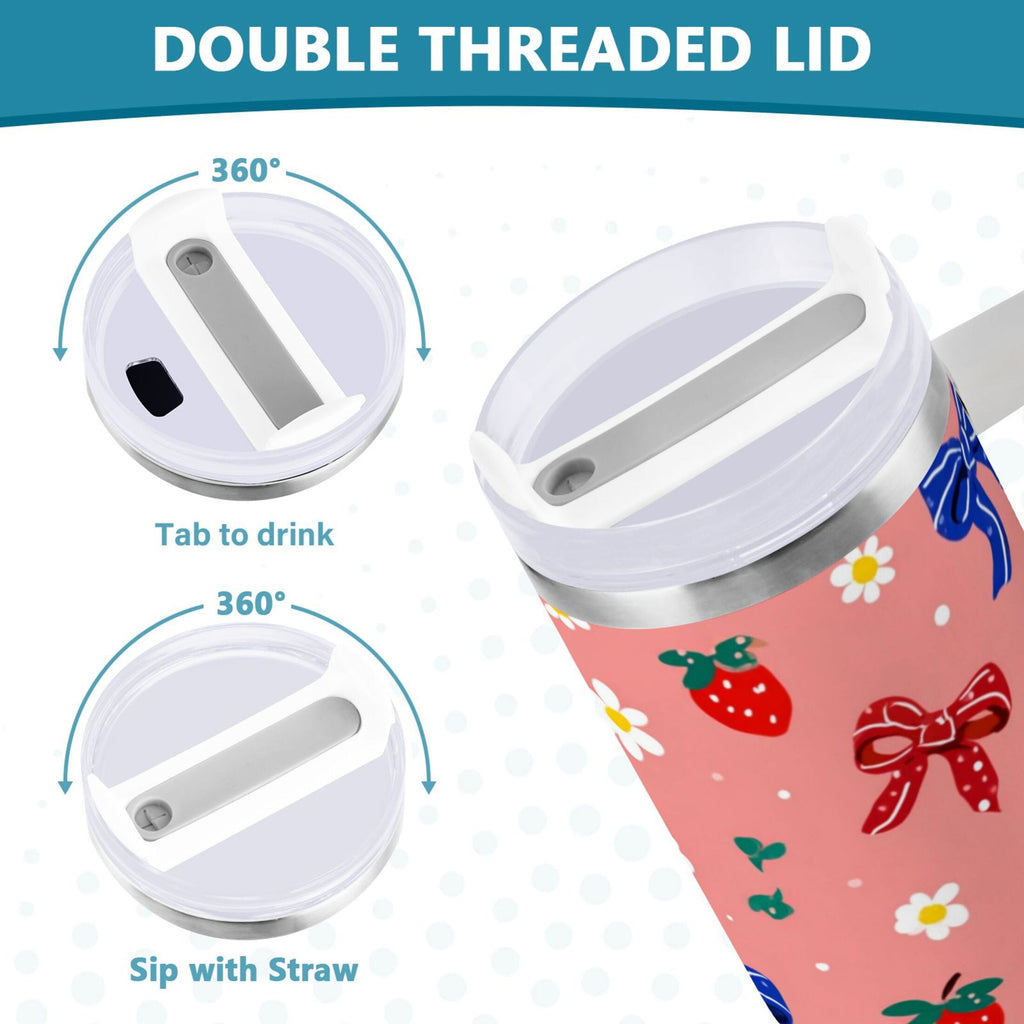 40 oz Insulated Stainless Steel Tumbler Double Wall Stainless Steel Tumbler with 2-Way Drinking Bows and Strawberries Pattern BD1V