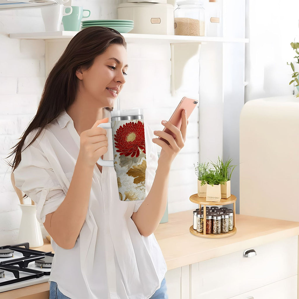 30 oz Insulated Stainless Steel Tumbler Double Wall Stainless Steel Tumbler with 2-Way Drinking Red Chrysanthemum Pattern 234D